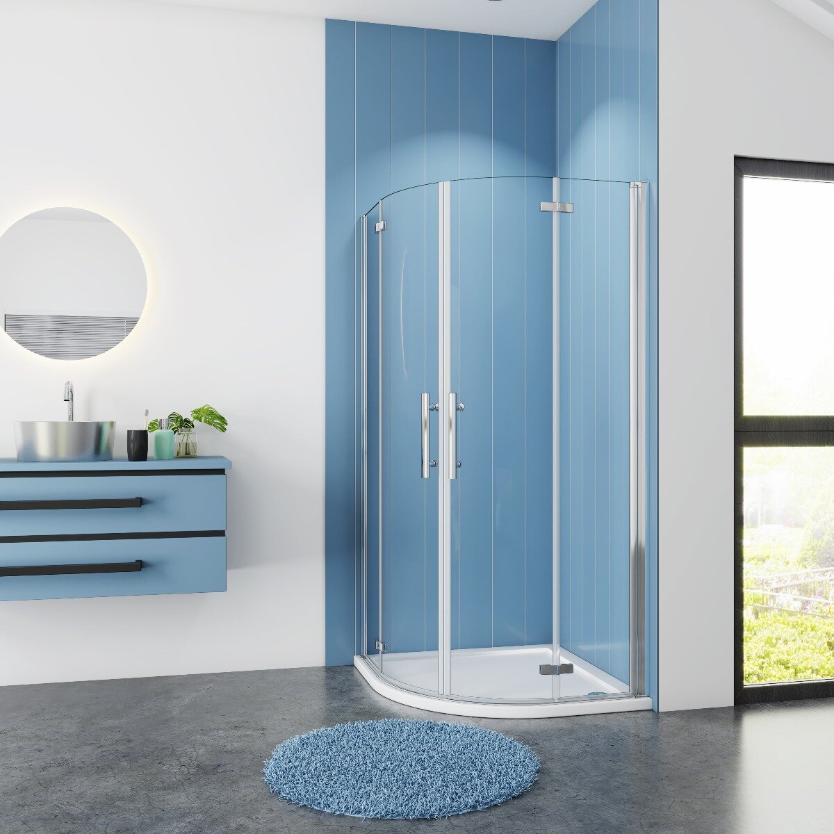 Douchecabine Kwartrond Camellia 80x80x195 Draaideur met Inklapbare Wand 6mm Helder Glas Antikalk Chroom nano coating voorkant