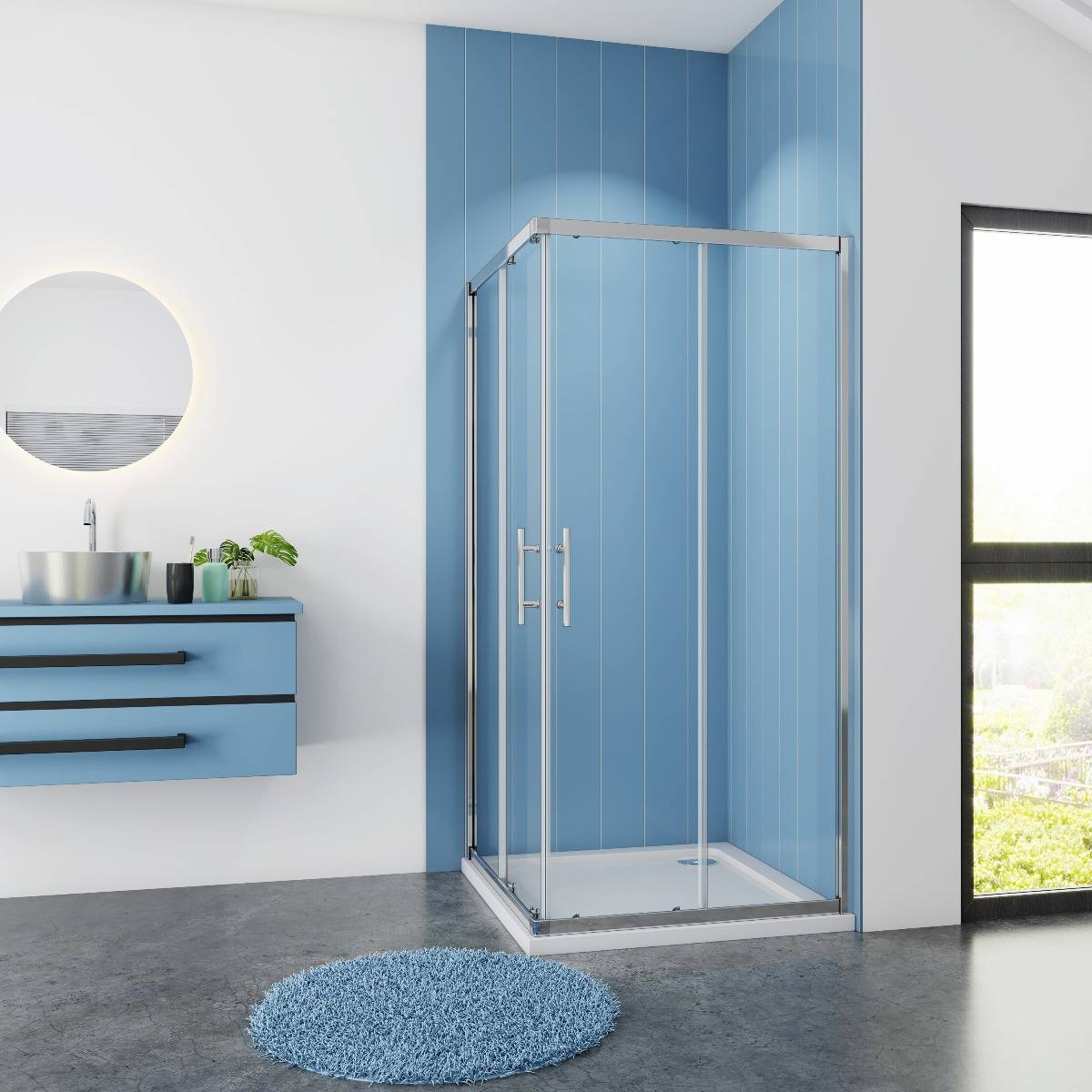 Douchecabine Vierkant 80x80x195 Hoekinstap 6mm Helder Glas Antikalk Chroom nano coating schuifdeuren voorkant