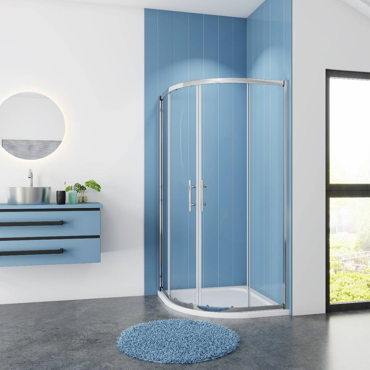 Douchecabine Kwartrond Freesia 90x90x190 Hoekinstap 5mm Helder Glas Chroom nano coating voorkant