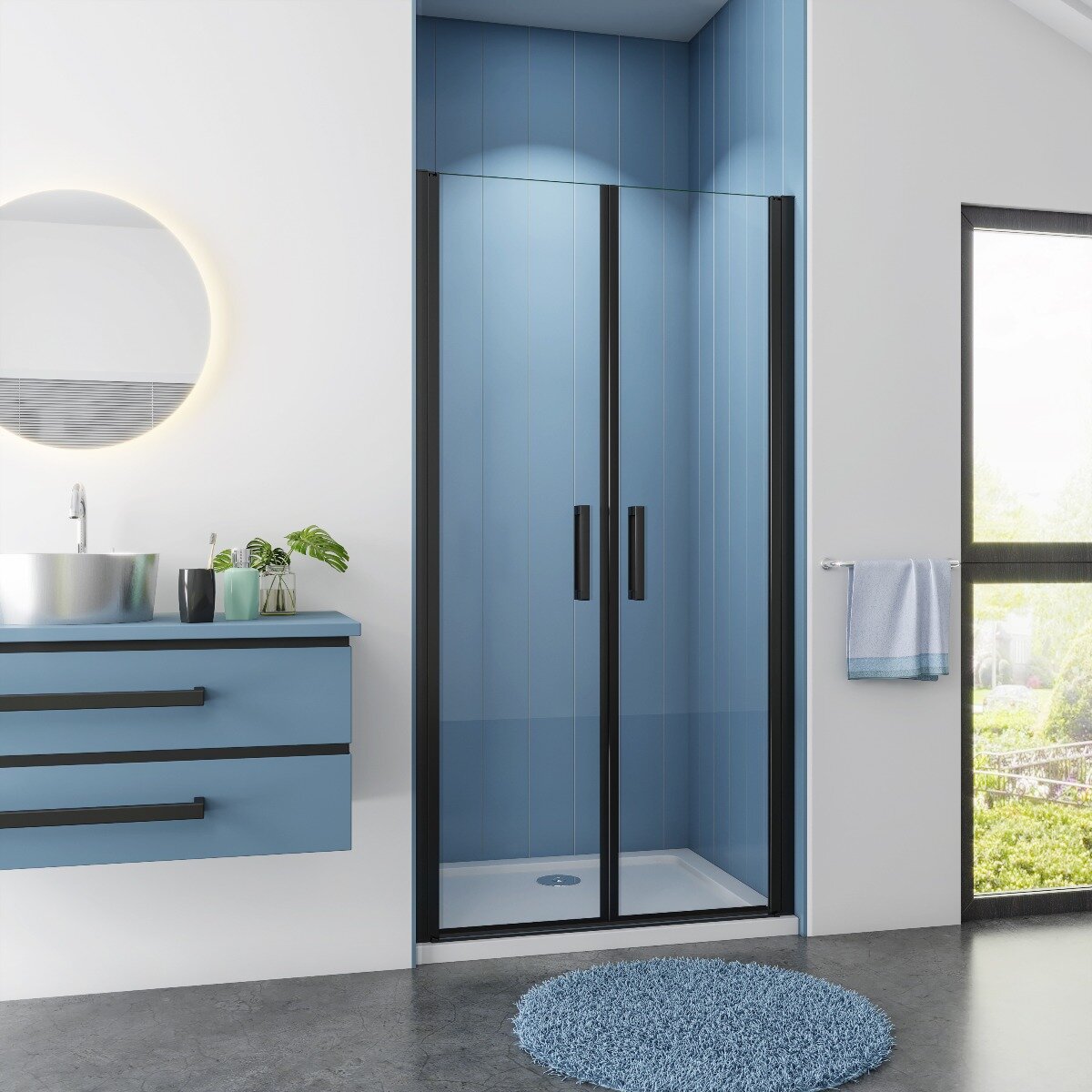 Douchedeur Nisdeur 90x200 Pendeldeur 8mm Helder Glas Antikalk Mat Zwart nano coating Douchedeur Nisdeur 90x200 Pendeldeur 8mm Helder Glas Antikalk Mat Zwart nano coating