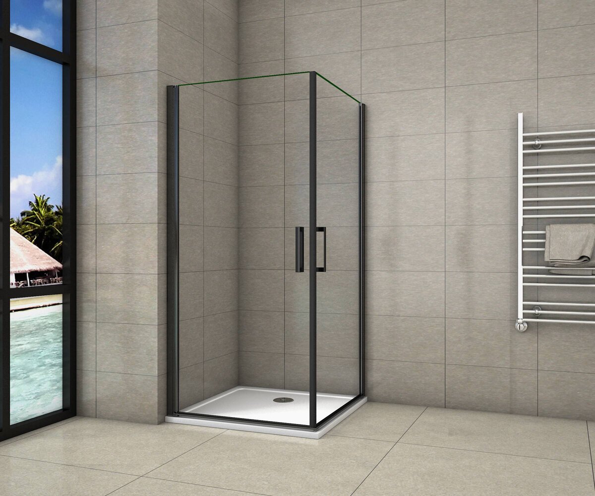 Douchecabine Vierkant 100x100 Dubbele Draaideur 8mm Helder Glas Antikalk Mat Zwart nano coating liftsysteem voorkant Douchecabine Vierkant 100x100 Dubbele Draaideur 8mm Helder Glas Antikalk Mat Zwart nano coating liftsysteem voorkant