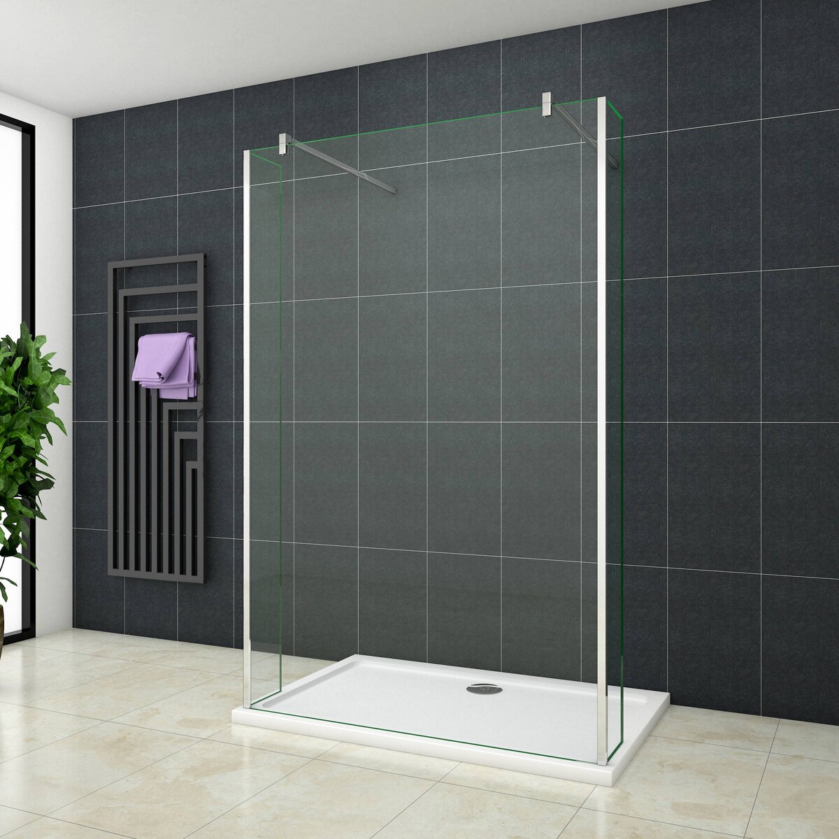 Inloopdouche Vrijstaand met Zijwanden 130x200 8mm Helder Glas Antikalk Chroom stabilisatiestangen nano coating voorkant Inloopdouche Vrijstaand met Zijwanden 130x200 8mm Helder Glas Antikalk Chroom stabilisatiestangen nano coating voorkant