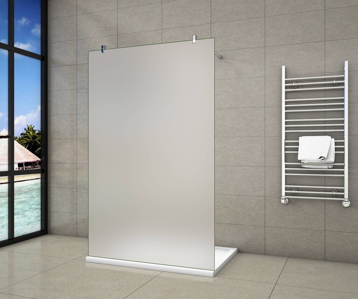Inloopdouche Vrijstaand 120x200 10mm Gesatineerd Glas Antikalk Chroom stabilisatiestangen nano coating voorkant Inloopdouche Vrijstaand 120x200 10mm Gesatineerd Glas Antikalk Chroom stabilisatiestangen nano coating voorkant