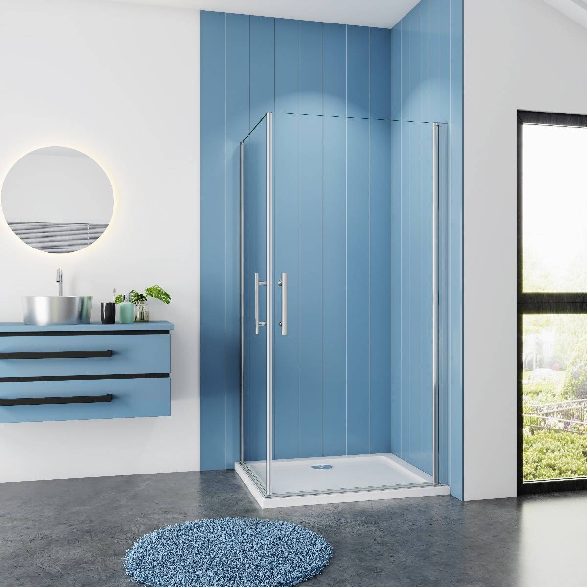 Douchecabine Vierkant 80x80 Dubbele Draaideur 6mm Helder Glas Antikalk Chroom nano coating voorkant Douchecabine Vierkant 80x80 Dubbele Draaideur 6mm Helder Glas Antikalk Chroom nano coating voorkant