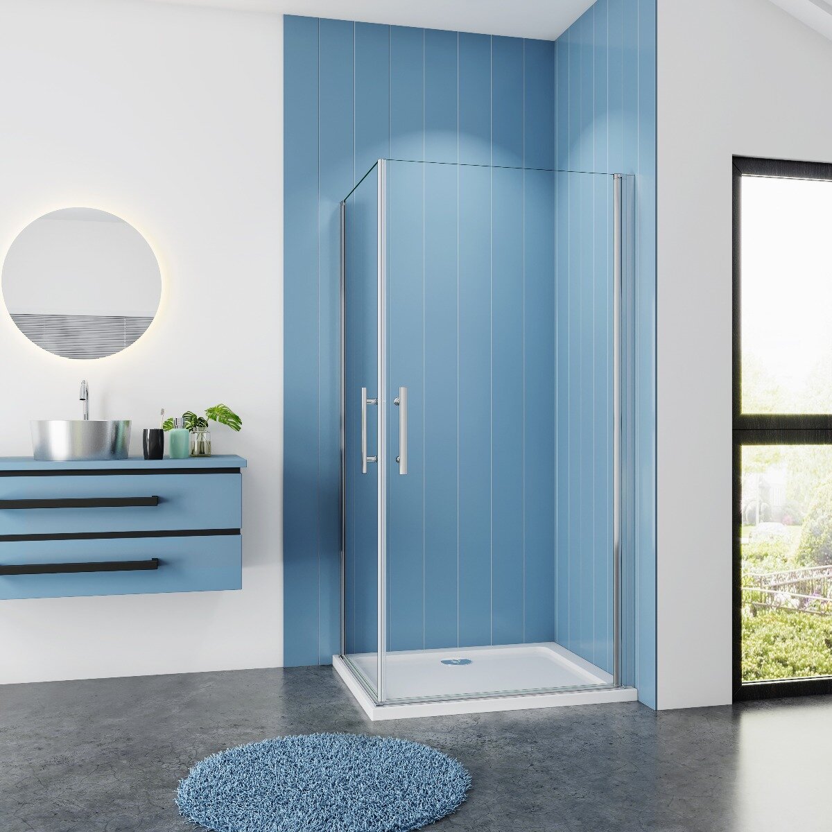 Douchecabine Vierkant 90x90 Dubbele Draaideur 6mm Helder Glas Antikalk Chroom nano coating voorkant Douchecabine Vierkant 90x90 Dubbele Draaideur 6mm Helder Glas Antikalk Chroom nano coating voorkant