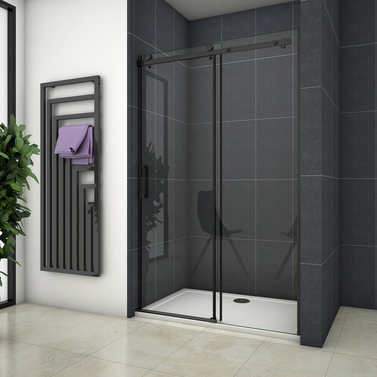Douchedeur Nisdeur 120x200 Schuifdeur 8mm Helder Glas Antikalk Mat Zwart nano coating omkeerbaar