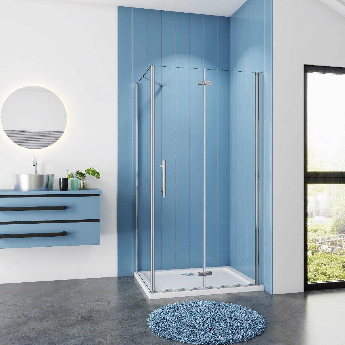 Douchecabine Vierkant 90x90 Vouwdeur en Vaste Wand 6mm Helder Glas Antikalk Chroom nano coating voorkant