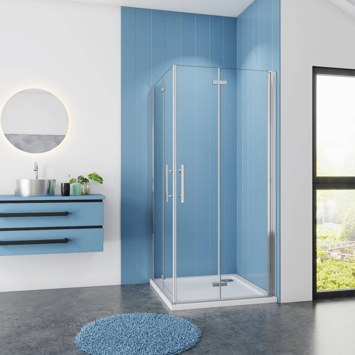 Douchecabine Vierkant 100x100 Dubbele Vouwdeur 6mm Helder Glas Antikalk Chroom nano coating 2 vouwdeuren voorkant Douchecabine Vierkant 100x100 Dubbele Vouwdeur 6mm Helder Glas Antikalk Chroom nano coating 2 vouwdeuren voorkant