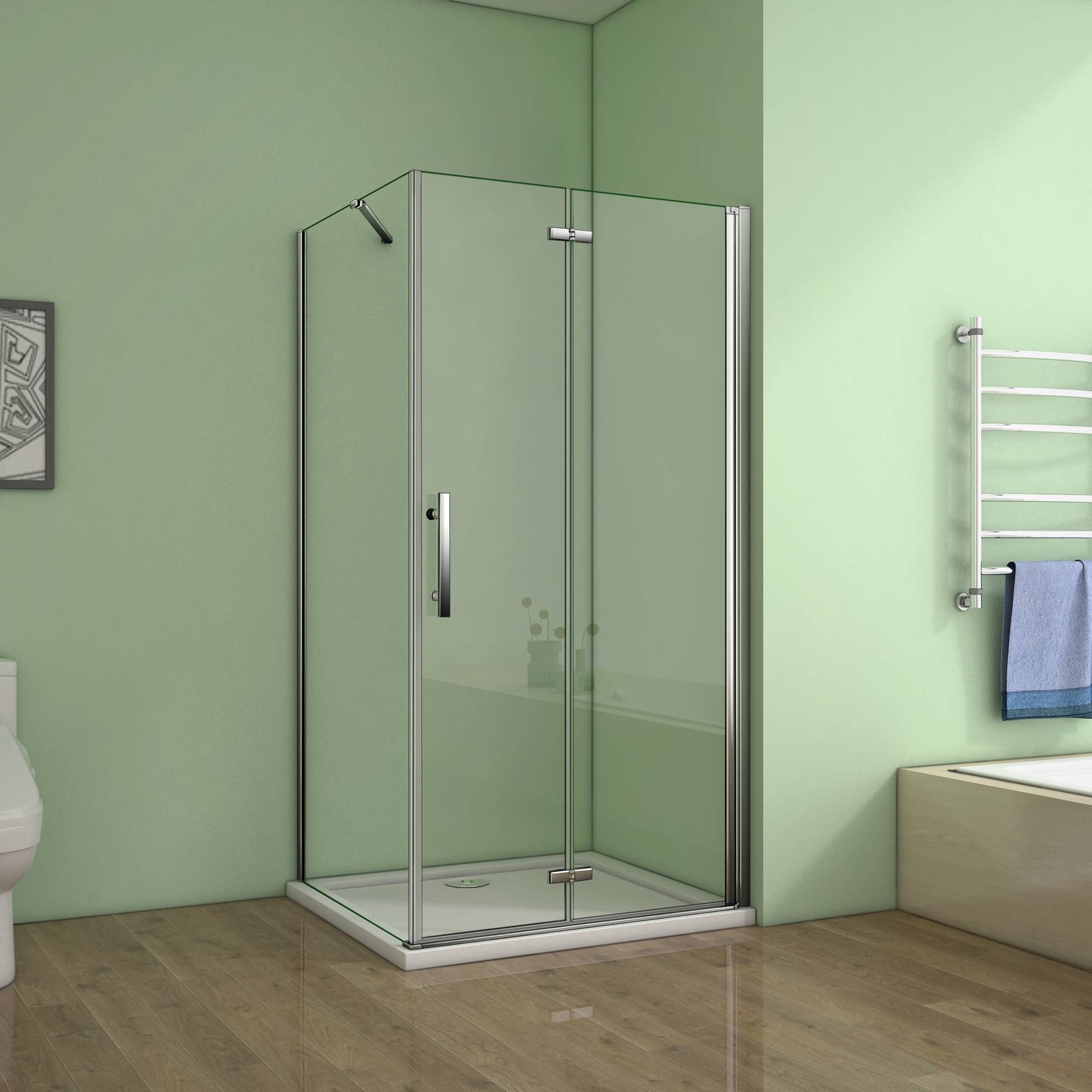 Douchecabine Rechthoek 120 Vouwdeur x 90 Vaste Wand 6mm Helder Glas Antikalk Chroom nano coating  voorkant