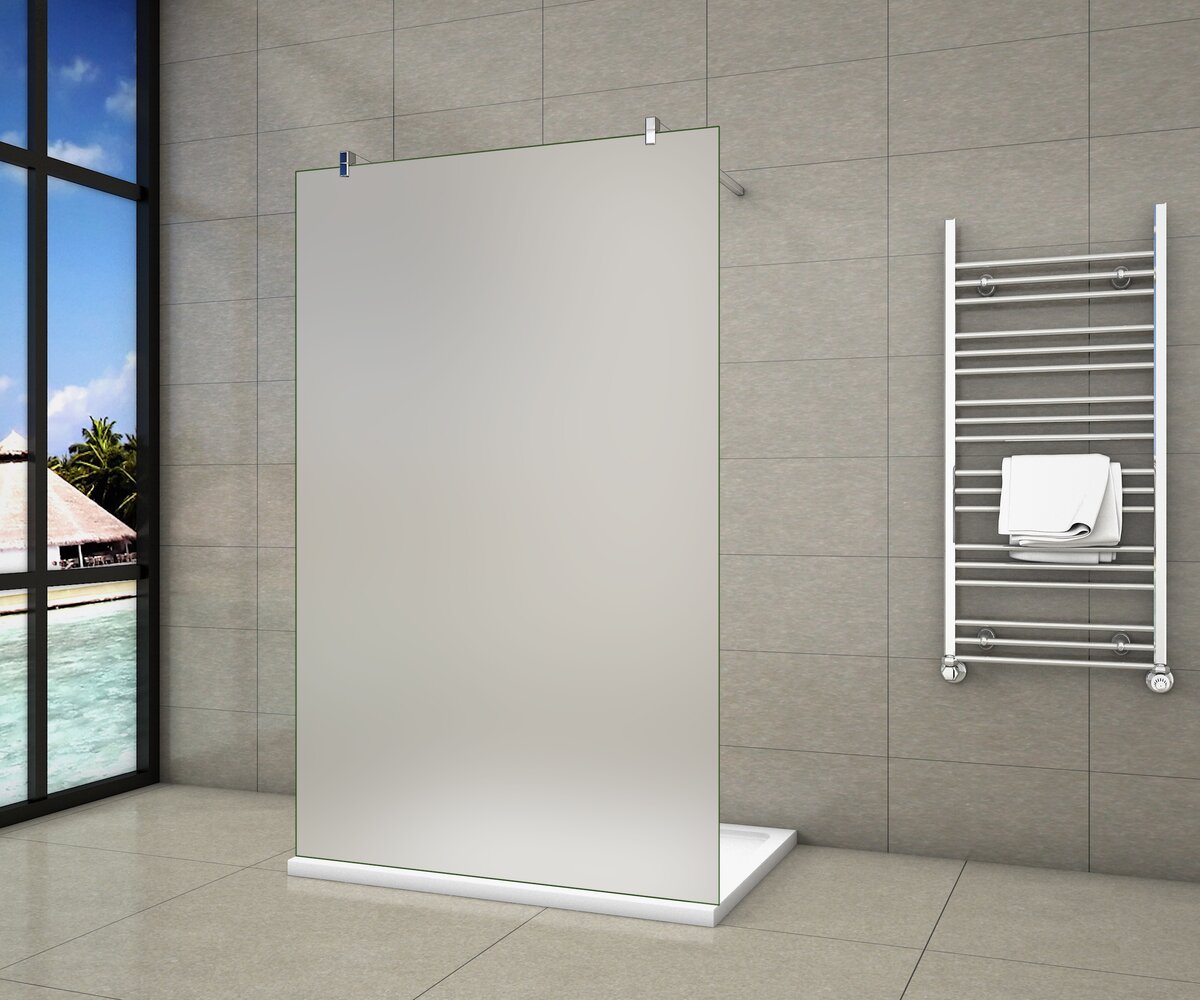 Inloopdouche Vrijstaand 90x200 10mm Gesatineerd Glas Antikalk Chroom stabilisatiestangen nano coating voorkant Inloopdouche Vrijstaand 90x200 10mm Gesatineerd Glas Antikalk Chroom stabilisatiestangen nano coating voorkant