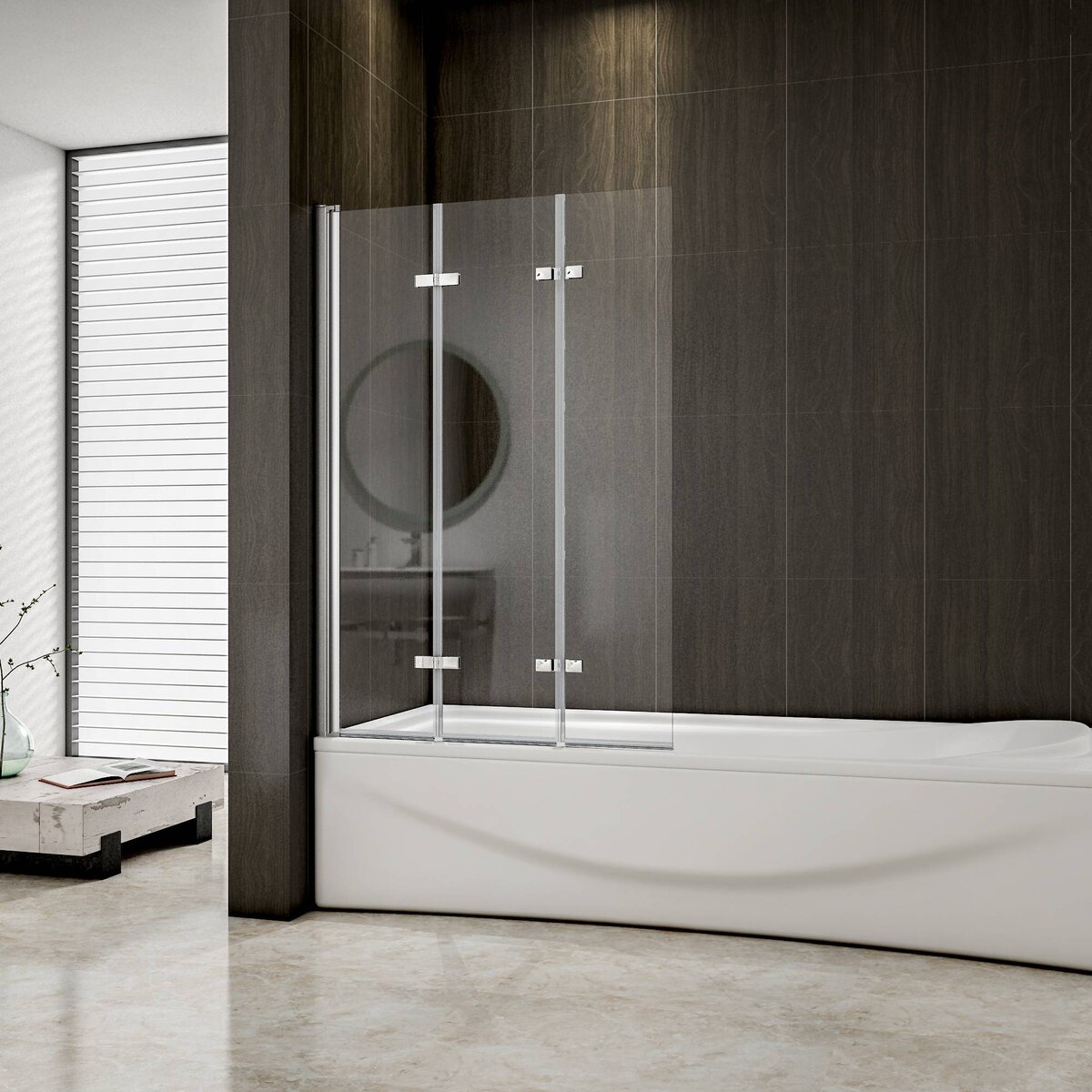 Badwand 3-delig 130x140 6mm Helder Glas Antikalk Chroom nano coating omkeerbaar