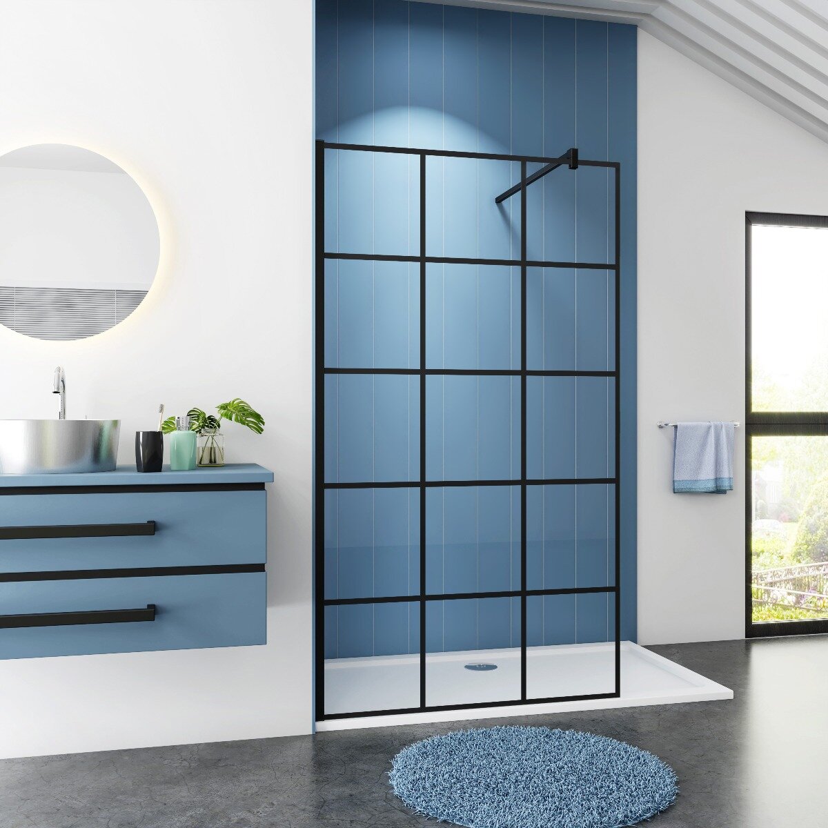 Inloopdouche 100x200 8 mm Helder Glas Zwarte Kaders Vierkant Antikalk Mat Zwart stabilisatiestang muurprofiel nano coating voorkant Inloopdouche 100x200 8 mm Helder Glas Zwarte Kaders Vierkant Antikalk Mat Zwart stabilisatiestang muurprofiel nano coating voorkant