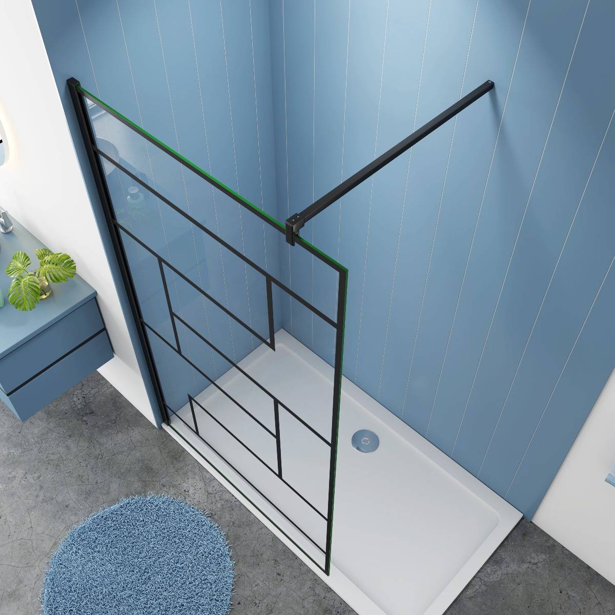 Inloopdouche 100x200 8 mm Helder Glas Zwarte Kaders Rechthoek Antikalk Mat Zwart stabilisatiestang muurprofiel nano coating zijkant Inloopdouche 100x200 8 mm Helder Glas Zwarte Kaders Rechthoek Antikalk Mat Zwart stabilisatiestang muurprofiel nano coating zijkant