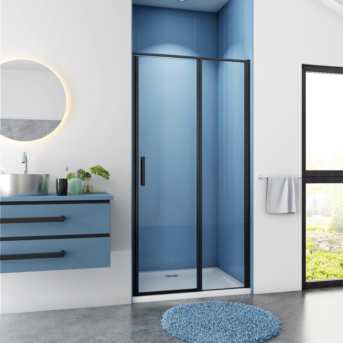 Douchedeur Anemoon Nisdeur 80X185 Draaideur Met Vaste Wand 6Mm Helder Glas Antikalk Mat Zwart