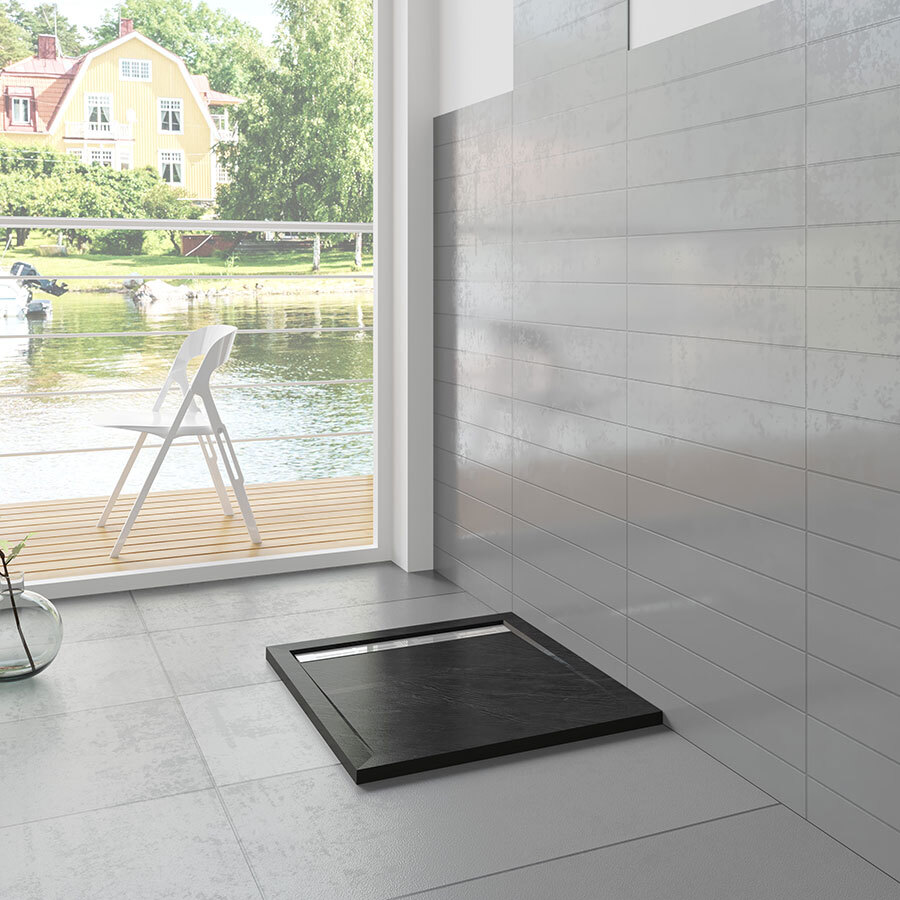 Douchebak Mat Zwart Natuursteen Look Daisy Vierkant 90X90x3cm Antislip Polystone (Exclusief Sifon)