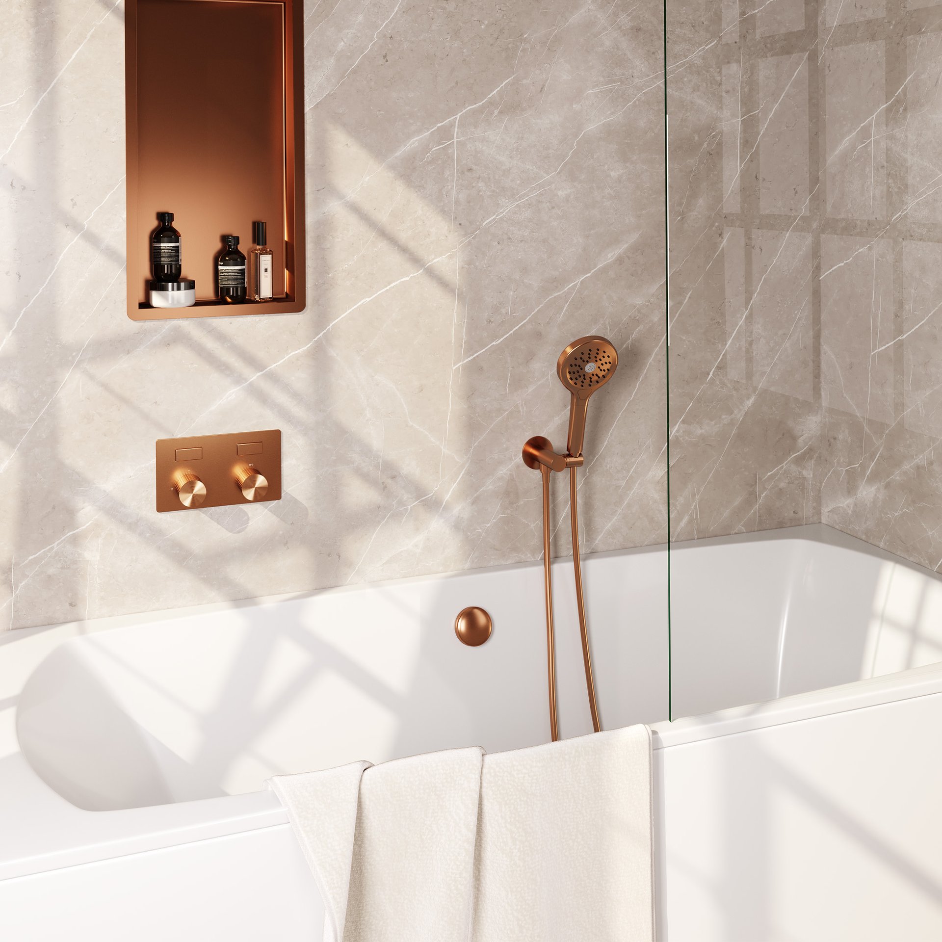 BRAUER Stripe thermostatische inbouw badkraan met drukknoppen SET 04 met badvulcombinatie en 3-standen handdouche en doucheslang en wandaansluitbocht koper geborsteld PVD