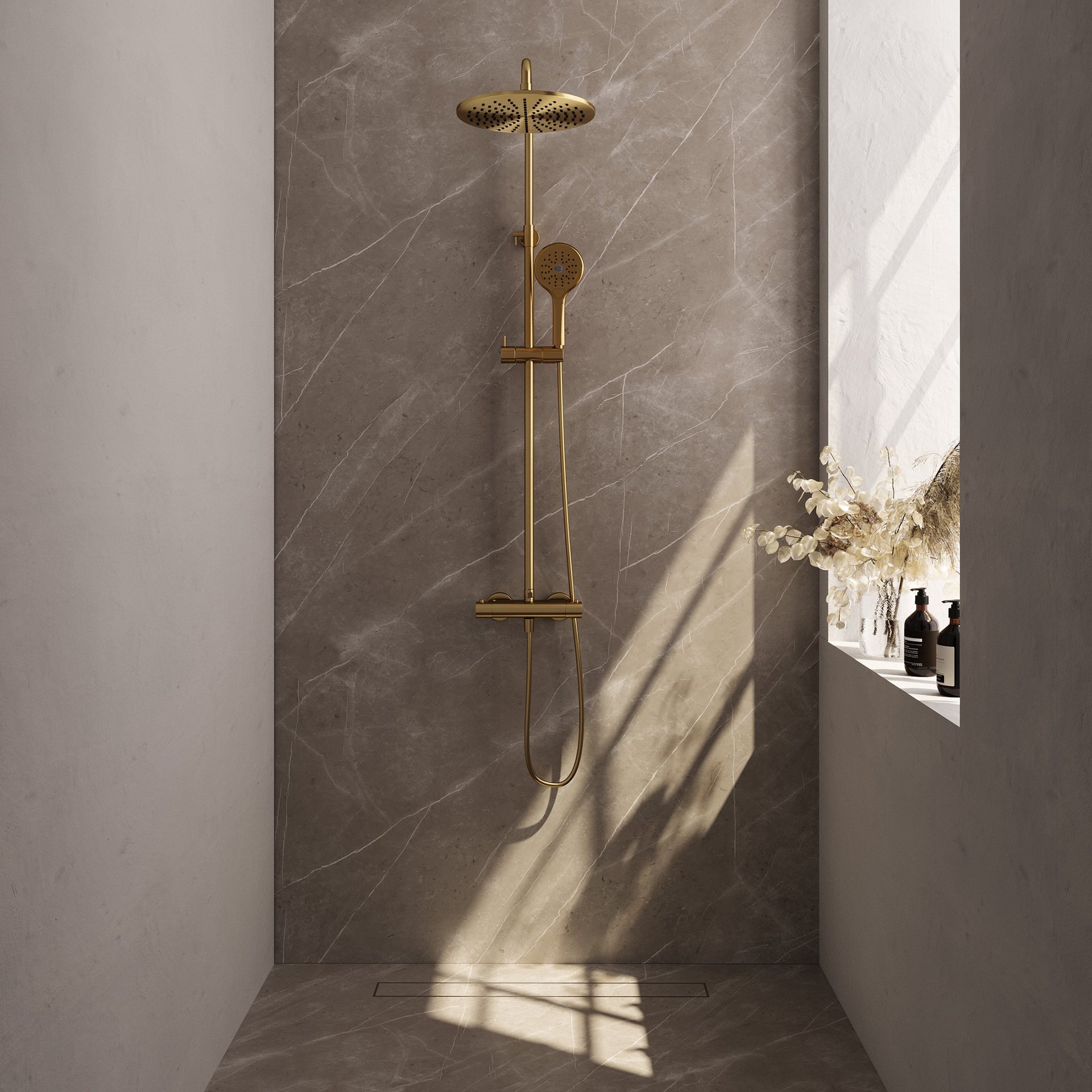 BRAUER Gold Edition opbouw thermostatische regendouche SET 04 met 30 cm hoofddouche en 3-standen handdouche en doucheslang goud geborsteld PVD