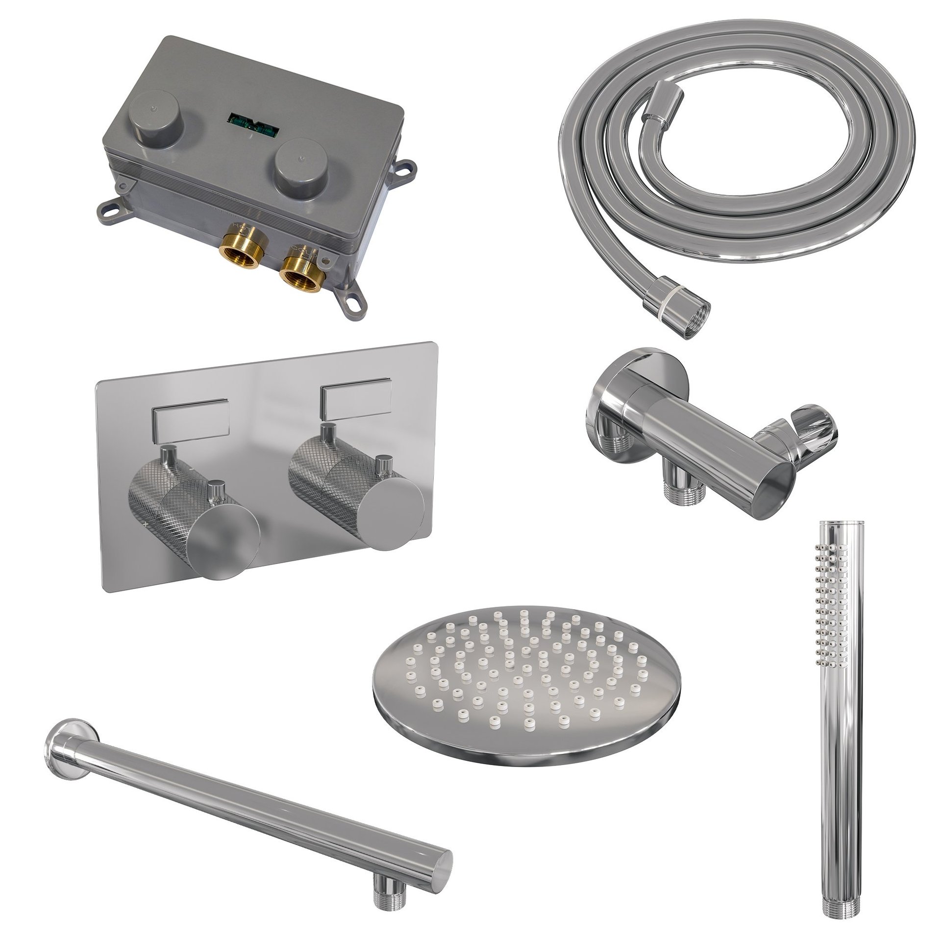 BRAUER Chrome Carving thermostatische inbouw regendouche met drukknoppen SET 49 met 20 cm douchekop en rechte muurarm en staaf handdouche en doucheslang en wandaansluitbocht chroom