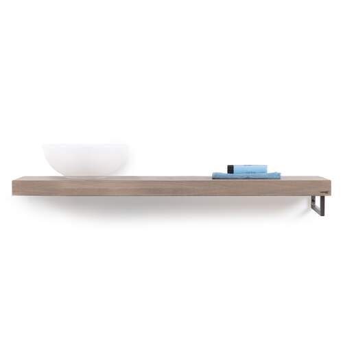 Looox Wooden Base Shelf solo R 140 cm, eiken old grey, handdoekhouders rechts geborsteld rvs