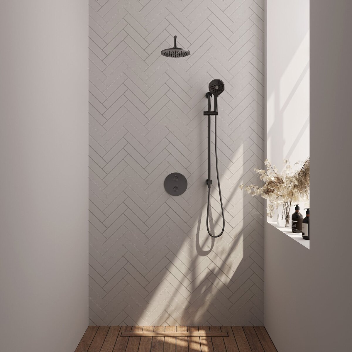 BRAUER Gunmetal Carving thermostatische inbouw regendouche 3-weg rond SET 93 met 20 cm douchekop en gebogen muurarm en 3-standen handdouche en doucheslang en geïntegreerde glijstang gunmetal geborsteld PVD
