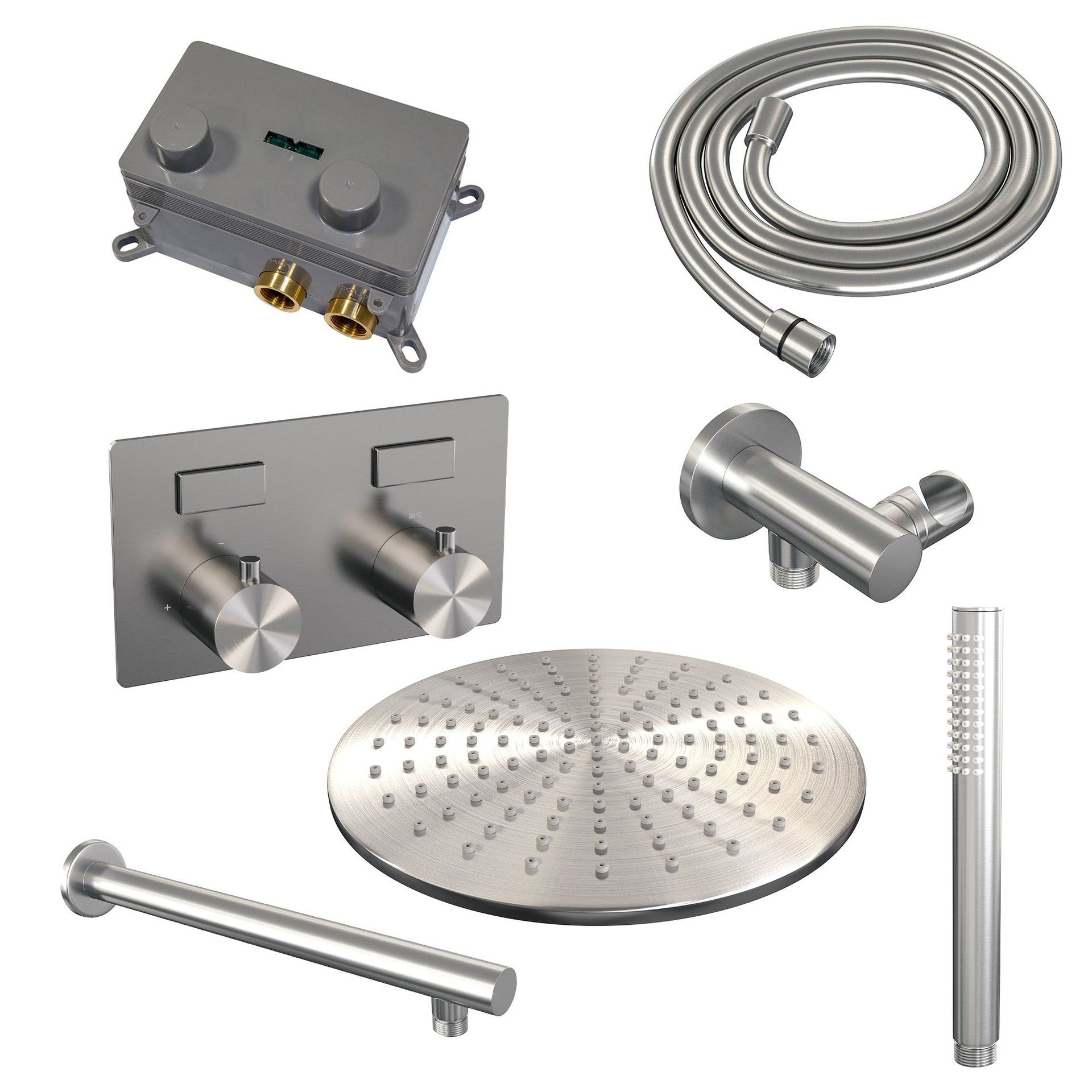 BRAUER Brushed Edition thermostatische inbouw regendouche met drukknoppen SET 50 met 30 cm douchekop en rechte muurarm en staaf handdouche en doucheslang en wandaansluitbocht RVS geborsteld PVD