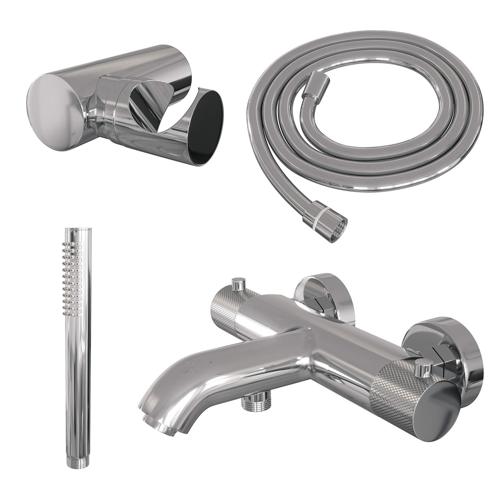 BRAUER Chrome Carving opbouw baddouche thermostaatkraan SET 03 met wandhouder en staaf handdouche en doucheslang chroom