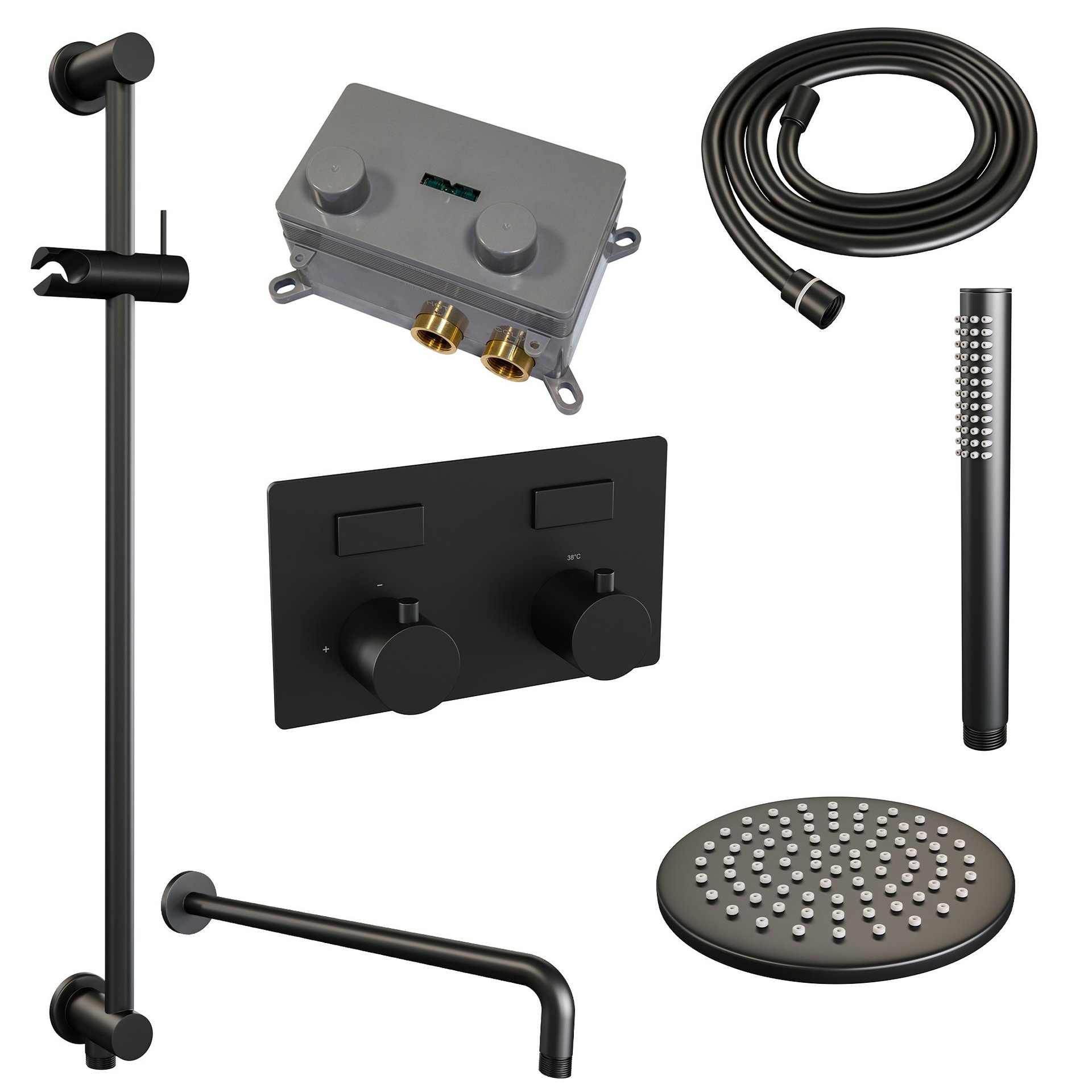 BRAUER Black Edition thermostatische inbouw regendouche met drukknoppen SET 63 met 20 cm douchekop en gebogen muurarm en staaf handdouche en doucheslang en geïntegreerde glijstang mat zwart