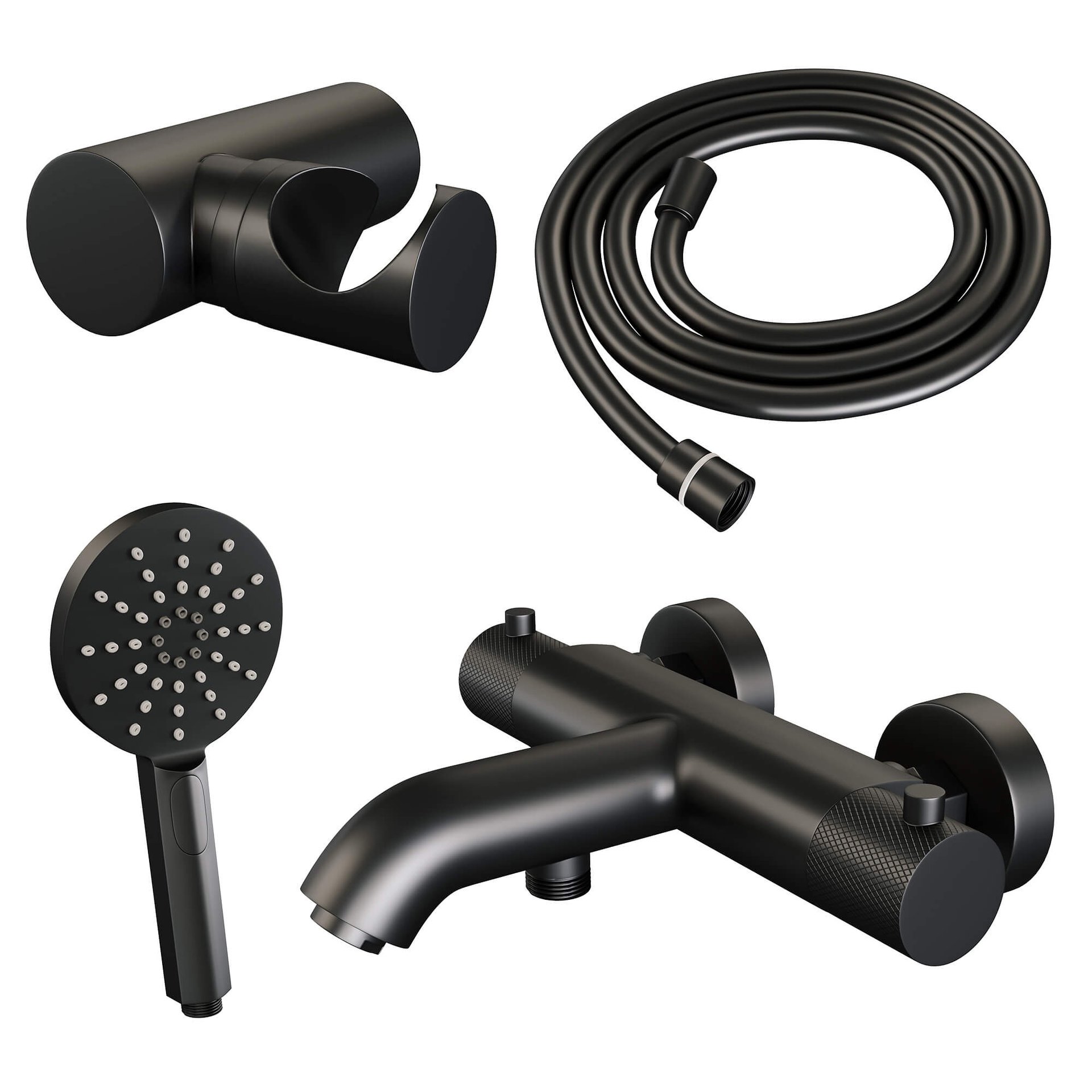 BRAUER Black Carving opbouw baddouche thermostaatkraan SET 04 met wandhouder en 3-standen handdouche en doucheslang mat zwart