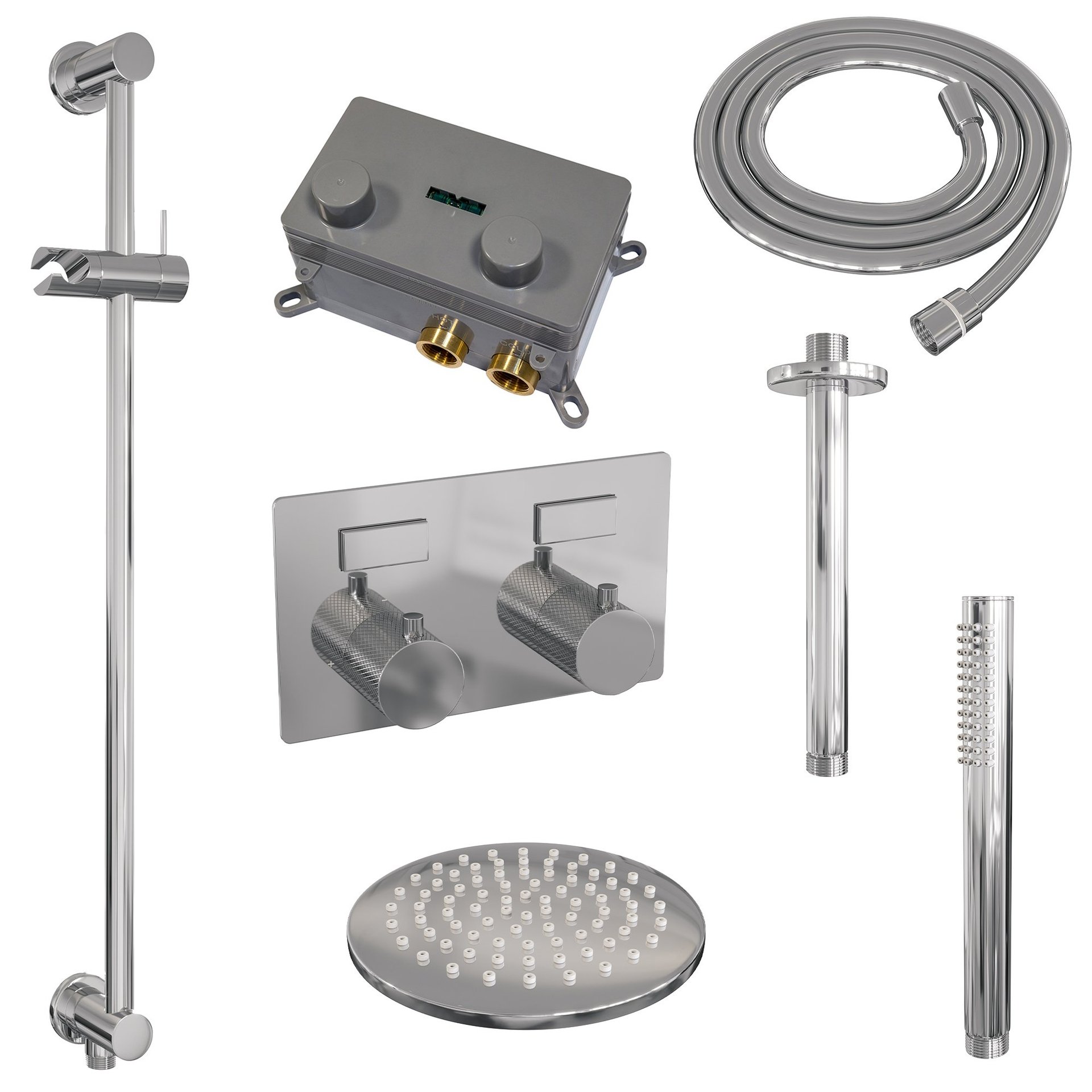 BRAUER Chrome Carving thermostatische inbouw regendouche met drukknoppen SET 65 met 20 cm douchekop en plafondarm en staaf handdouche en doucheslang en geïntegreerde glijstang chroom