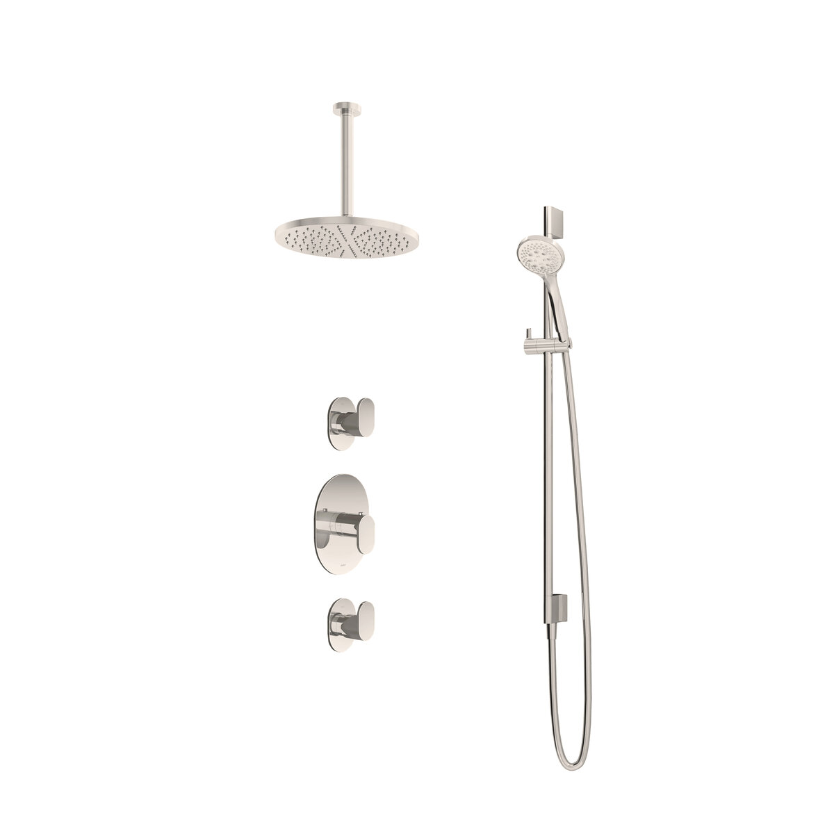 Hotbath Friendo Inbouw Regendoucheset Rond Met 2 Stopkranen, Plafondbuis 30cm, Hoofddouche 30cm, 3-Standen Handdouche En Glijstang Geborsteld Nikkel