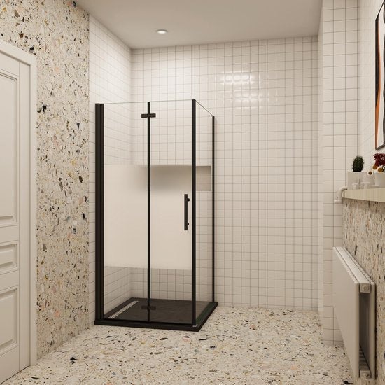 Douchecabine Rechthoek Black Poppy Vouwdeur 110 cm met Vaste Wand 90 cm 6mm Semi Gesatineerd Glas Mat Zwart