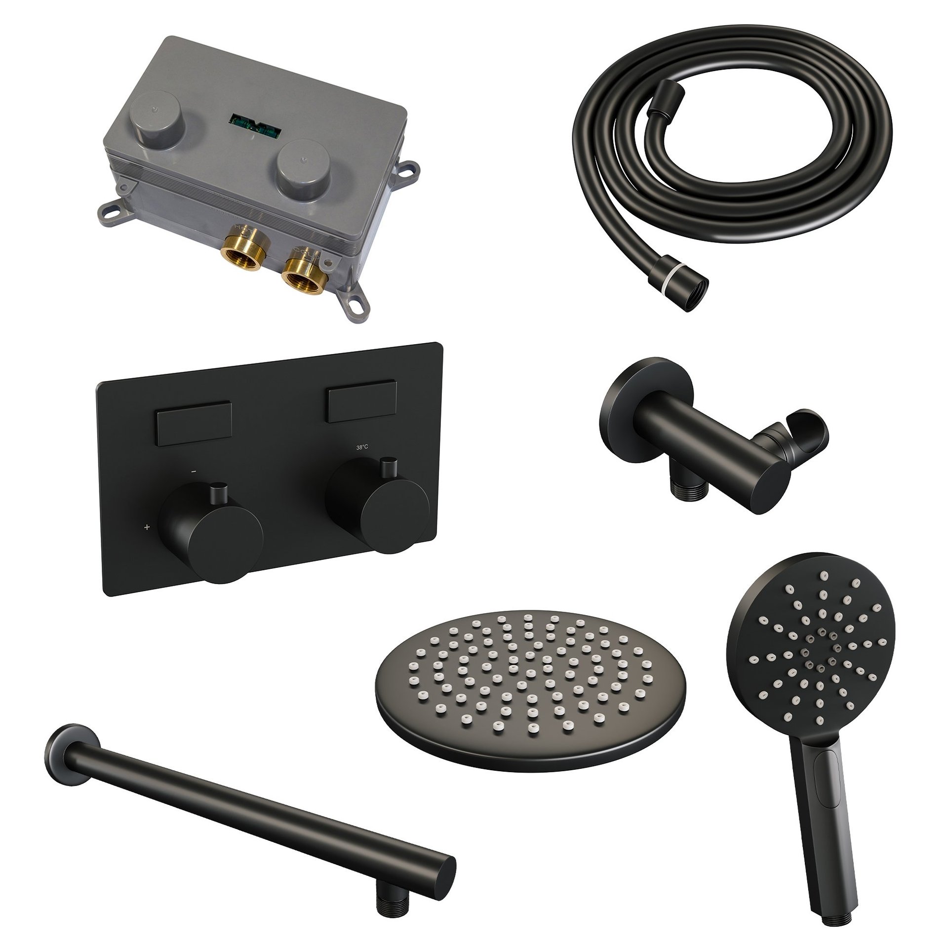 BRAUER Black Edition thermostatische inbouw regendouche met drukknoppen SET 55 met 20 cm douchekop en rechte muurarm en 3-standen handdouche en doucheslang en wandaansluitbocht mat zwart