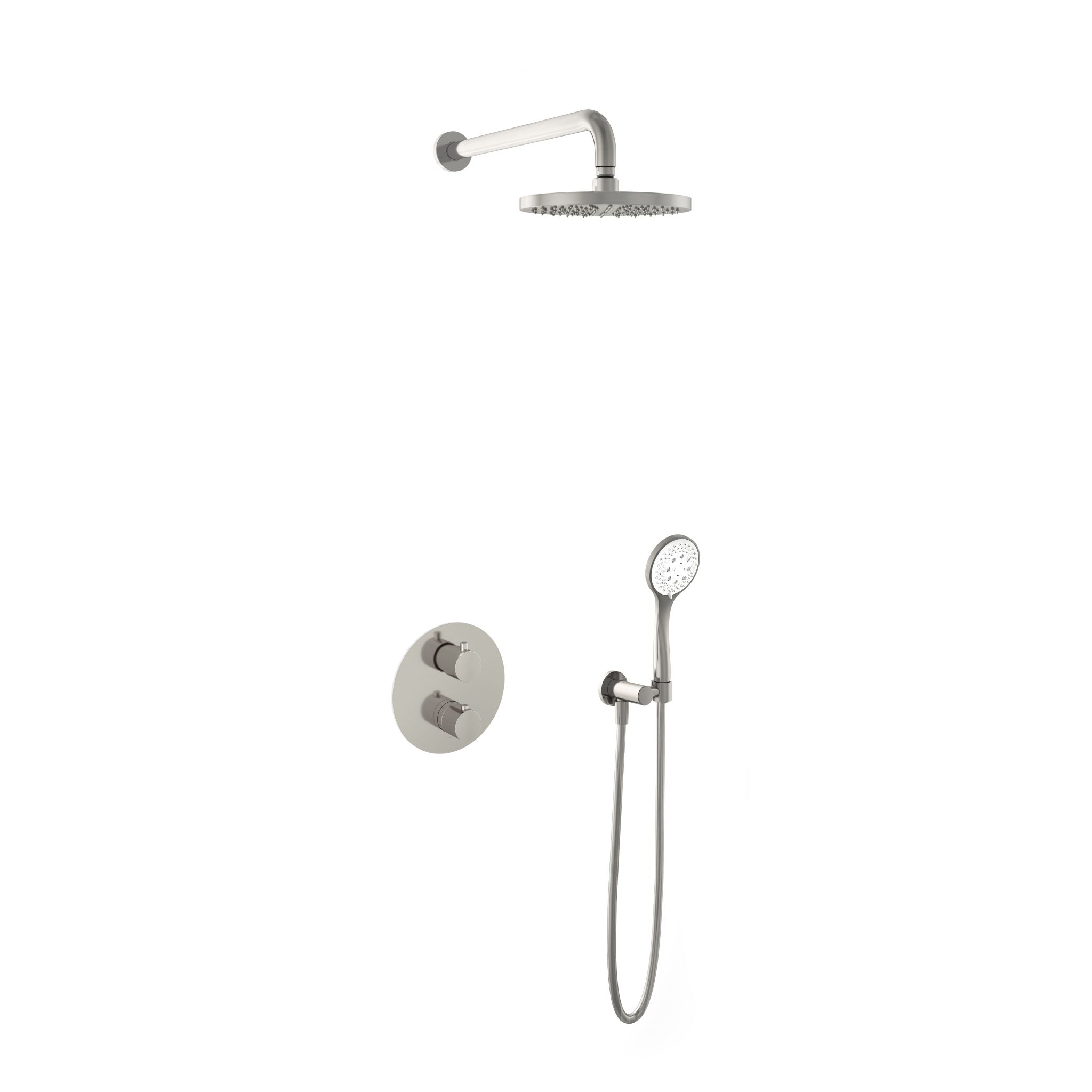 Hotbath Buddy Inbouw Regendoucheset Met 2-Weg-Omstel, Wandarm, Hoofddouche 20cm en 3-Standen Handdouche Geborsteld Nikkel