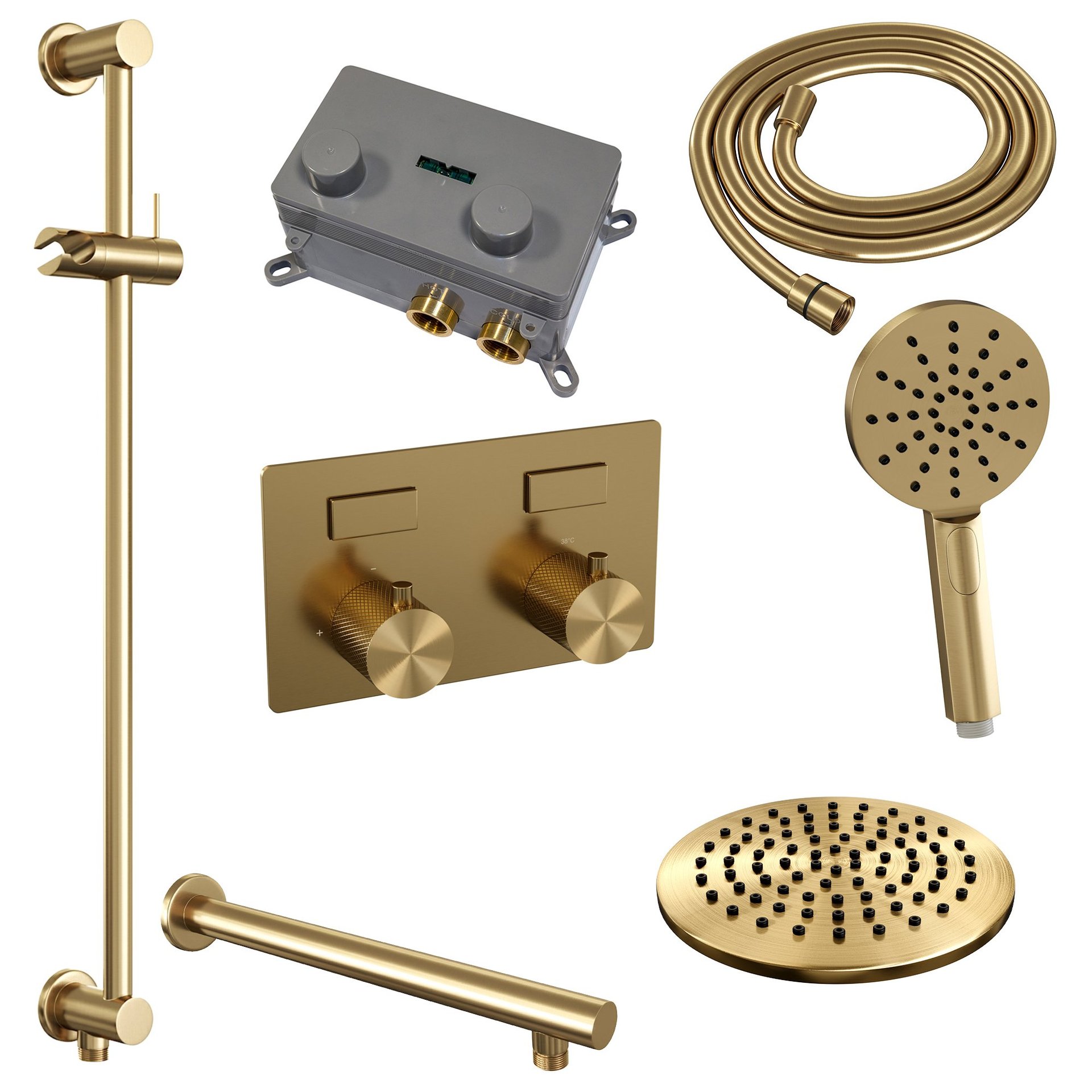 BRAUER Gold Carving thermostatische inbouw regendouche met drukknoppen SET 67 met 20 cm douchekop en rechte muurarm en 3-standen handdouche en doucheslang en geïntegreerde glijstang goud geborsteld PVD
