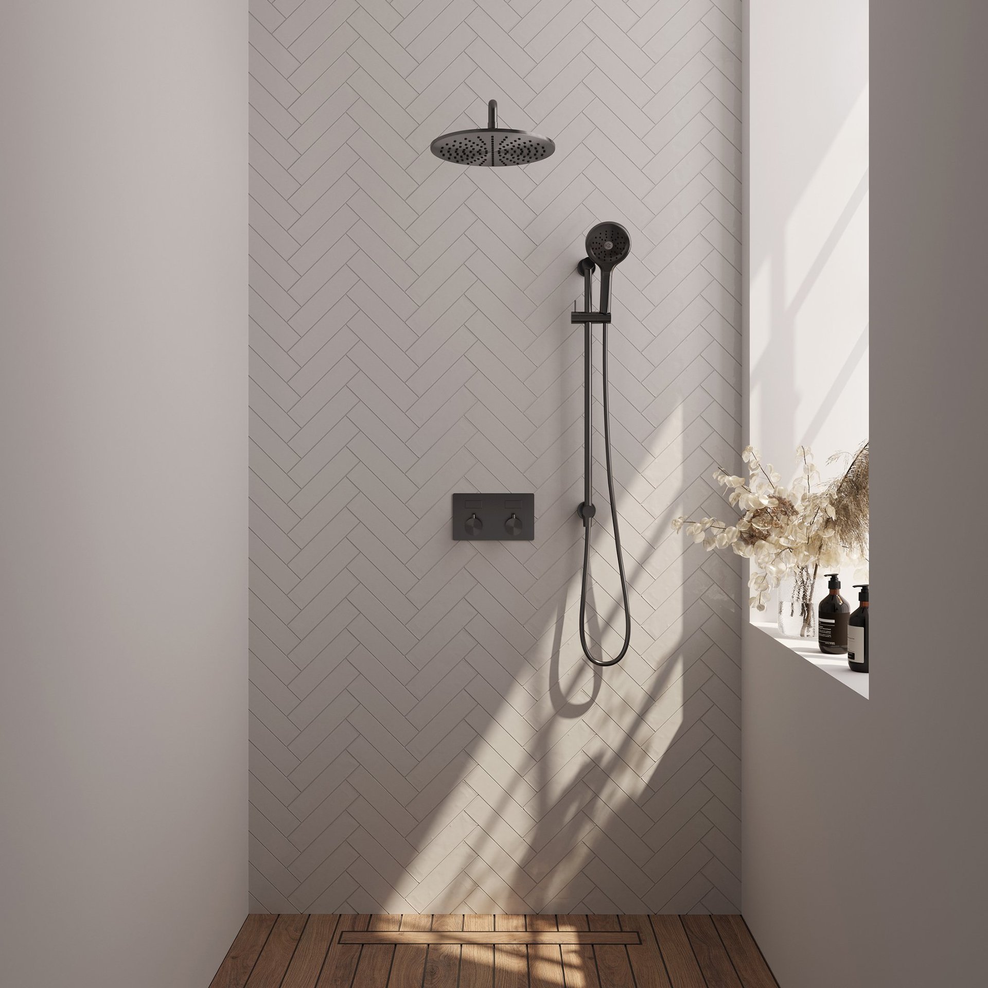 BRAUER Gunmetal Carving thermostatische inbouw regendouche met drukknoppen SET 70 met 30 cm douchekop en gebogen muurarm en 3-standen handdouche en doucheslang en geïntegreerde glijstang gunmetal geborsteld PVD