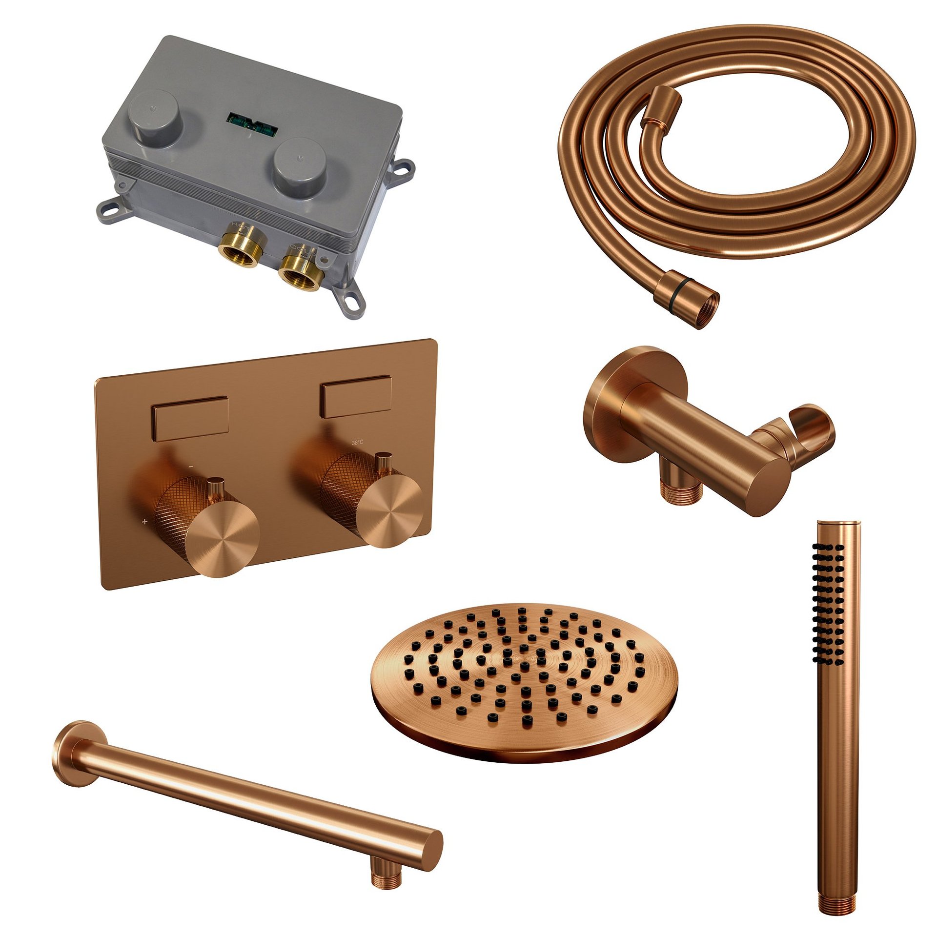 BRAUER Copper Carving thermostatische inbouw regendouche met drukknoppen SET 49 met 20 cm douchekop en rechte muurarm en staaf handdouche en doucheslang en wandaansluitbocht koper geborsteld PVD