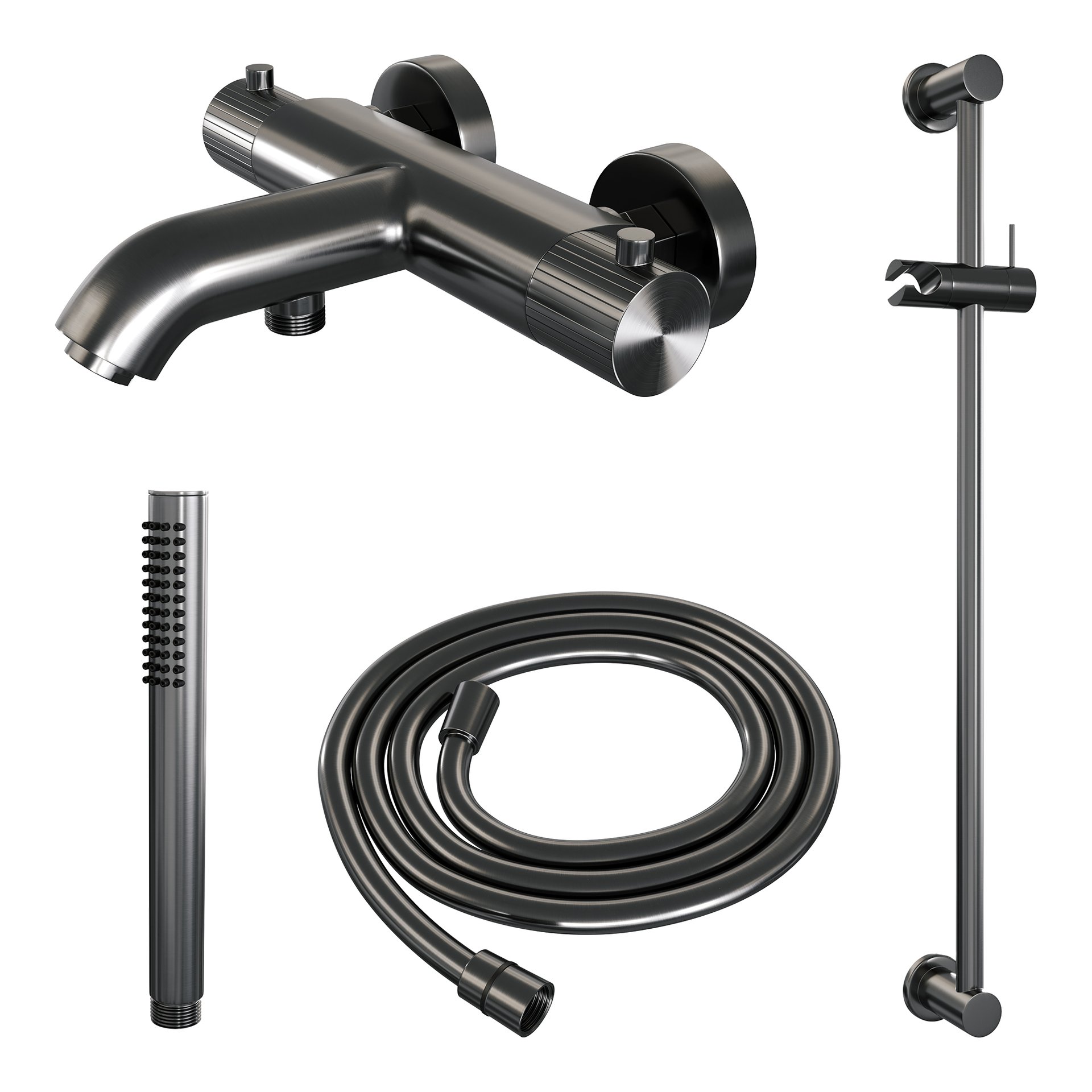 BRAUER Stripe opbouw baddouche thermostaatkraan SET 01 met glijstang en staaf handdouche en doucheslang gunmetal geborsteld PVD