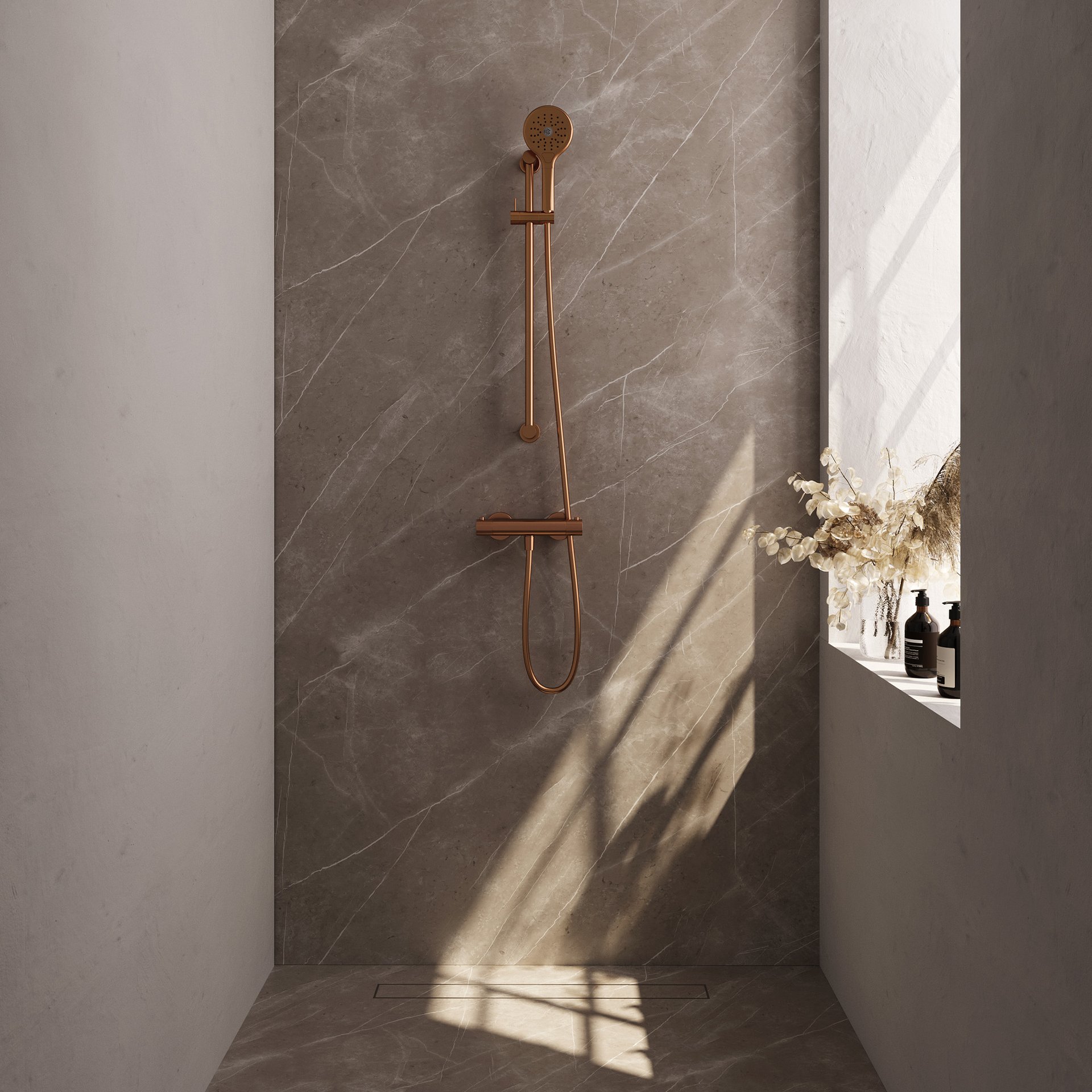 BRAUER Stripe opbouw douche thermostaatkraan SET 02 met glijstang en 3-standen handdouche en doucheslang koper geborsteld PVD