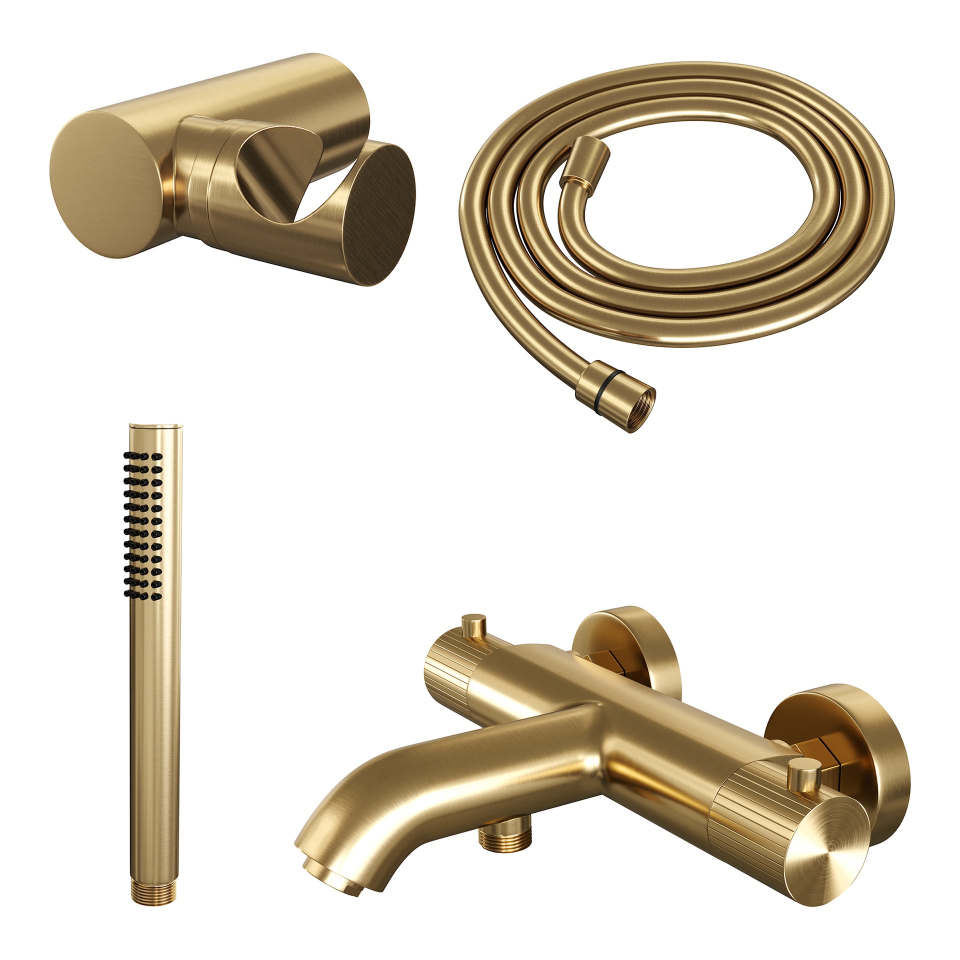 BRAUER Stripe opbouw baddouche thermostaatkraan SET 03 met wandhouder en staaf handdouche en doucheslang goud geborsteld PVD