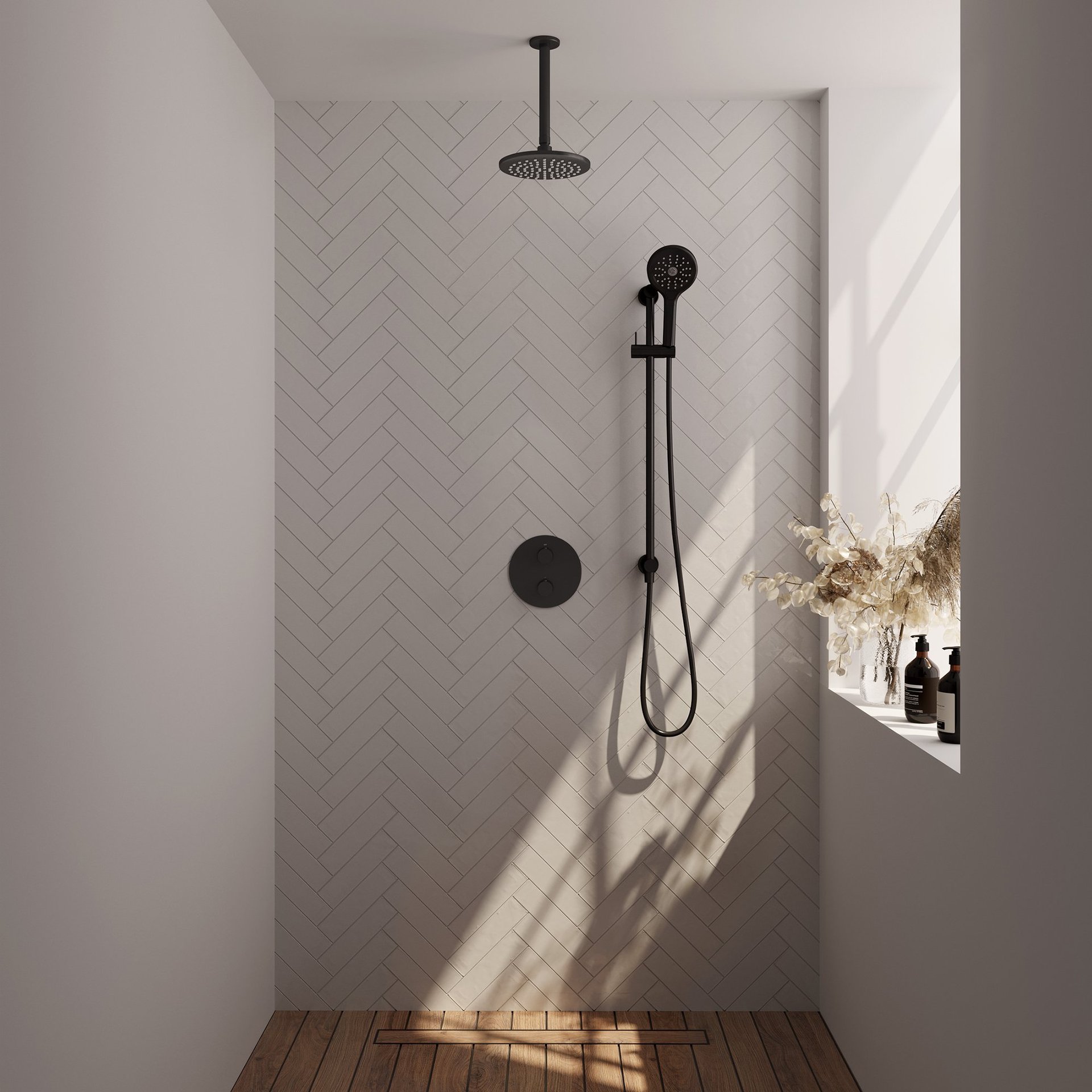 BRAUER Black Edition thermostatische inbouw regendouche 3-weg rond SET 95 met 20 cm douchekop en plafondarm en 3-standen handdouche en doucheslang en geïntegreerde glijstang mat zwart