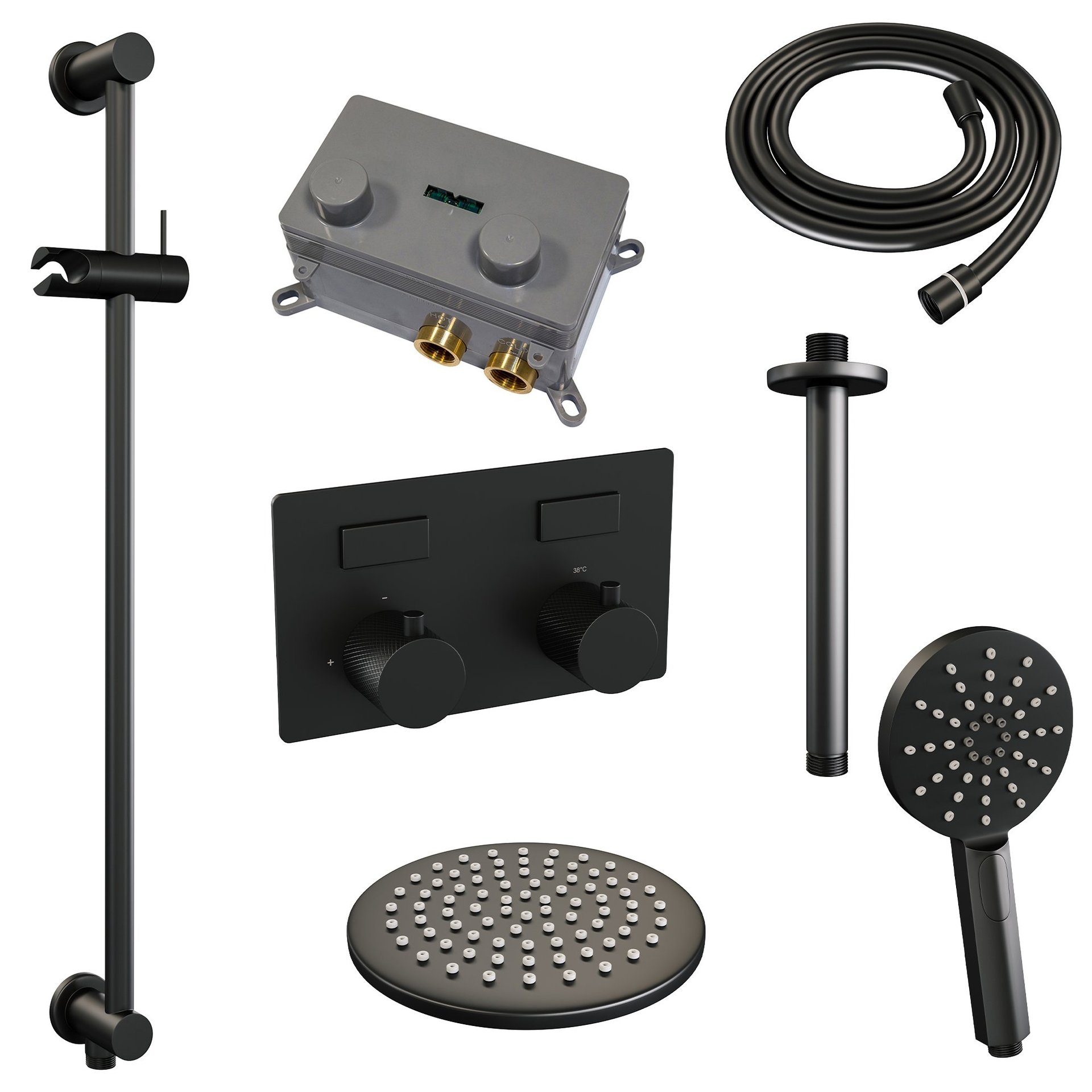 BRAUER Black Carving thermostatische inbouw regendouche met drukknoppen SET 71 met 20 cm douchekop en plafondarm en 3-standen handdouche en doucheslang en geïntegreerde glijstang mat zwart