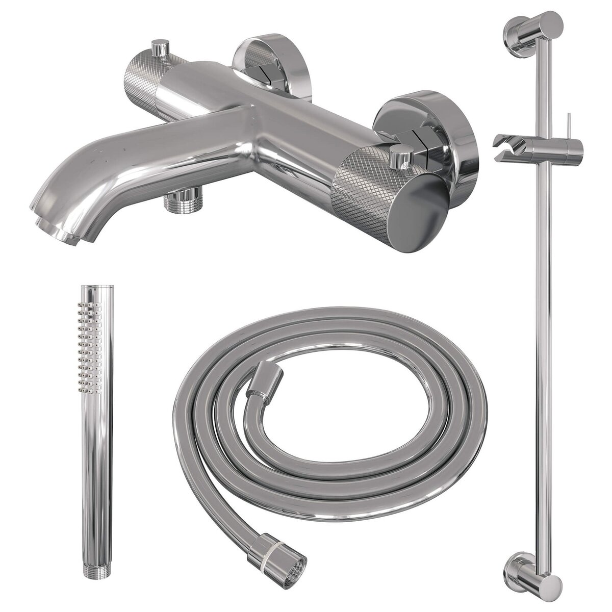 BRAUER Chrome Carving opbouw baddouche thermostaatkraan SET 01 met glijstang en staaf handdouche en doucheslang chroom