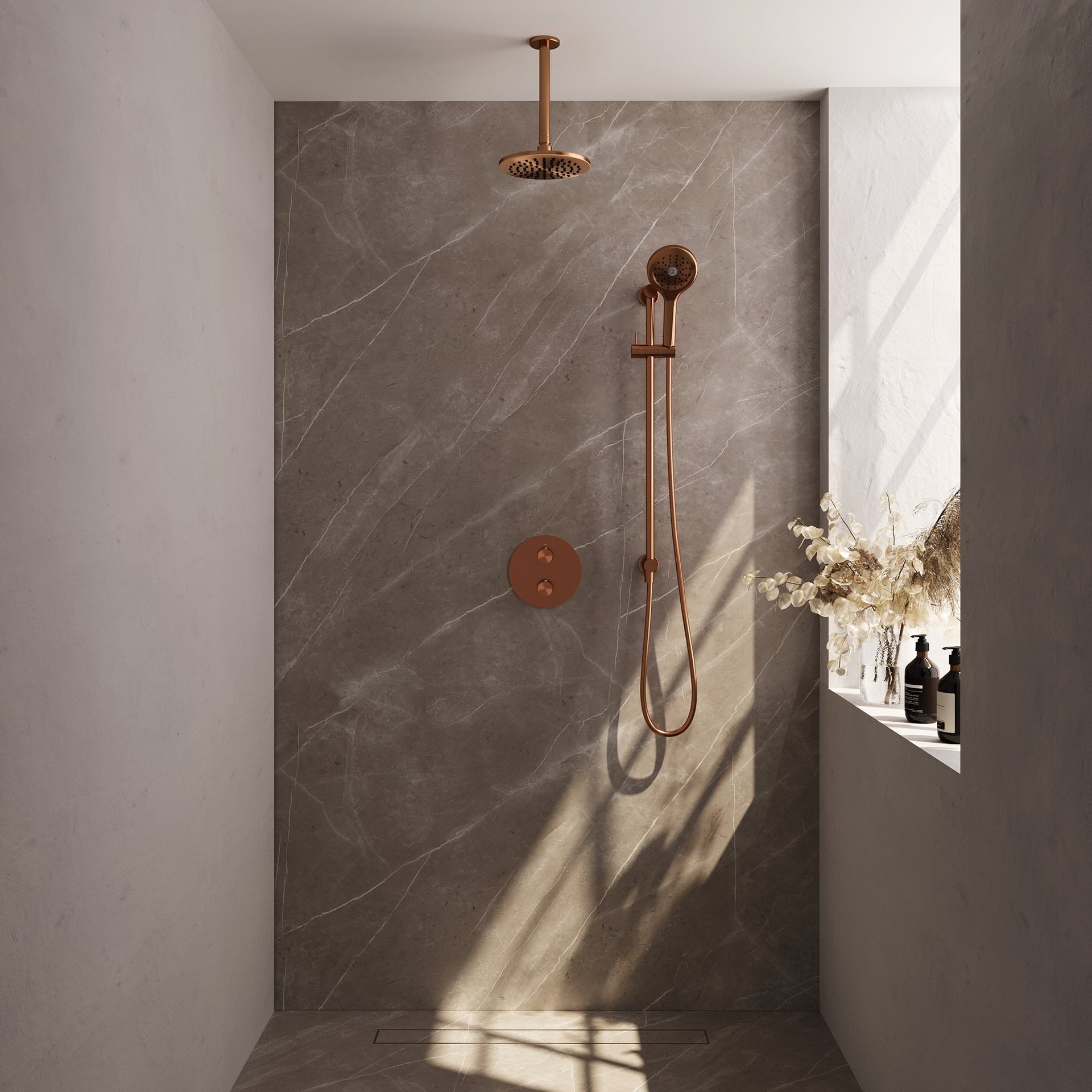 BRAUER Copper Edition thermostatische inbouw regendouche 3-weg rond SET 95 met 20 cm douchekop en plafondarm en 3-standen handdouche en doucheslang en geïntegreerde glijstang koper geborsteld PVD