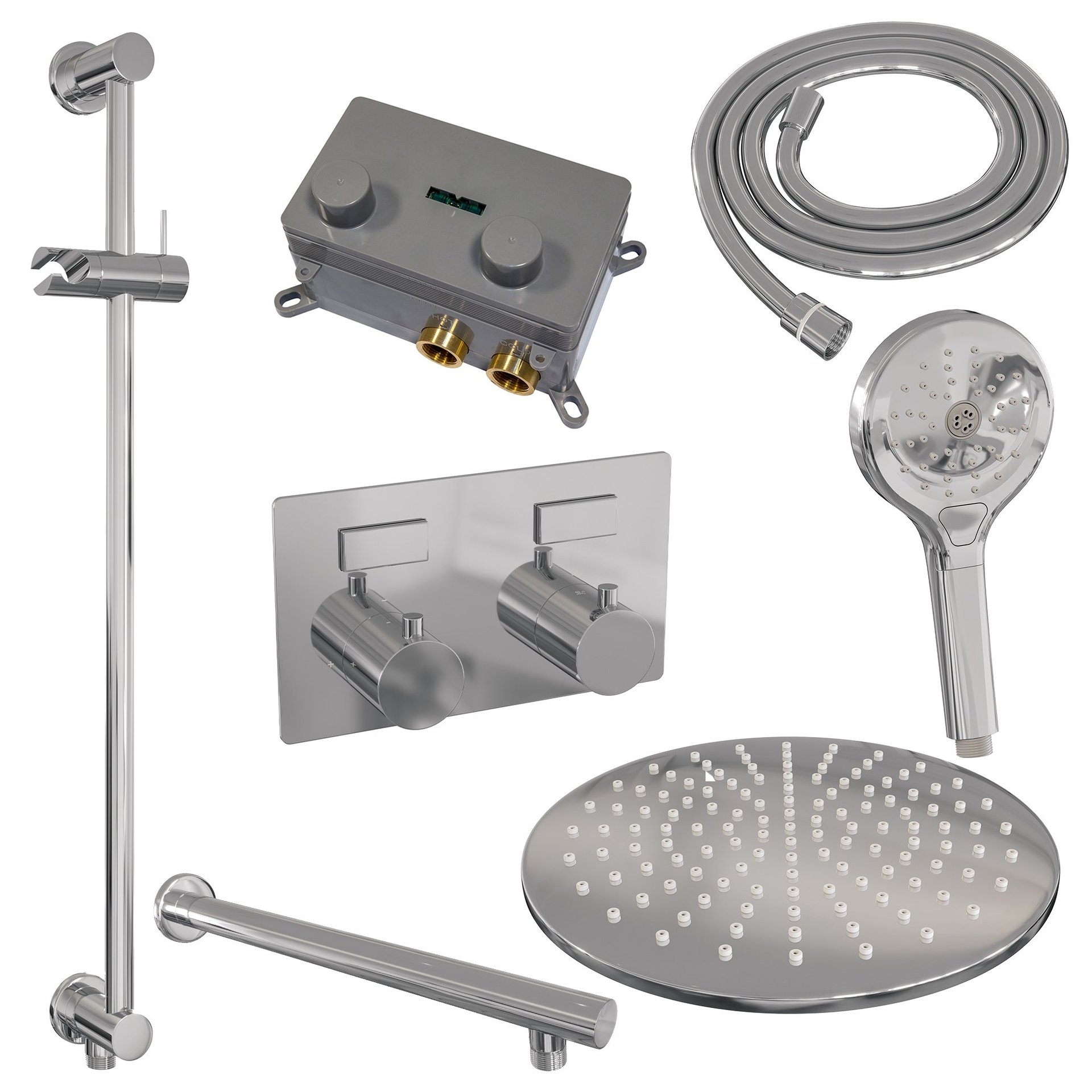 BRAUER Chrome Edition thermostatische inbouw regendouche met drukknoppen SET 68 met 30 cm douchekop en rechte muurarm en 3-standen handdouche en doucheslang en geïntegreerde glijstang chroom
