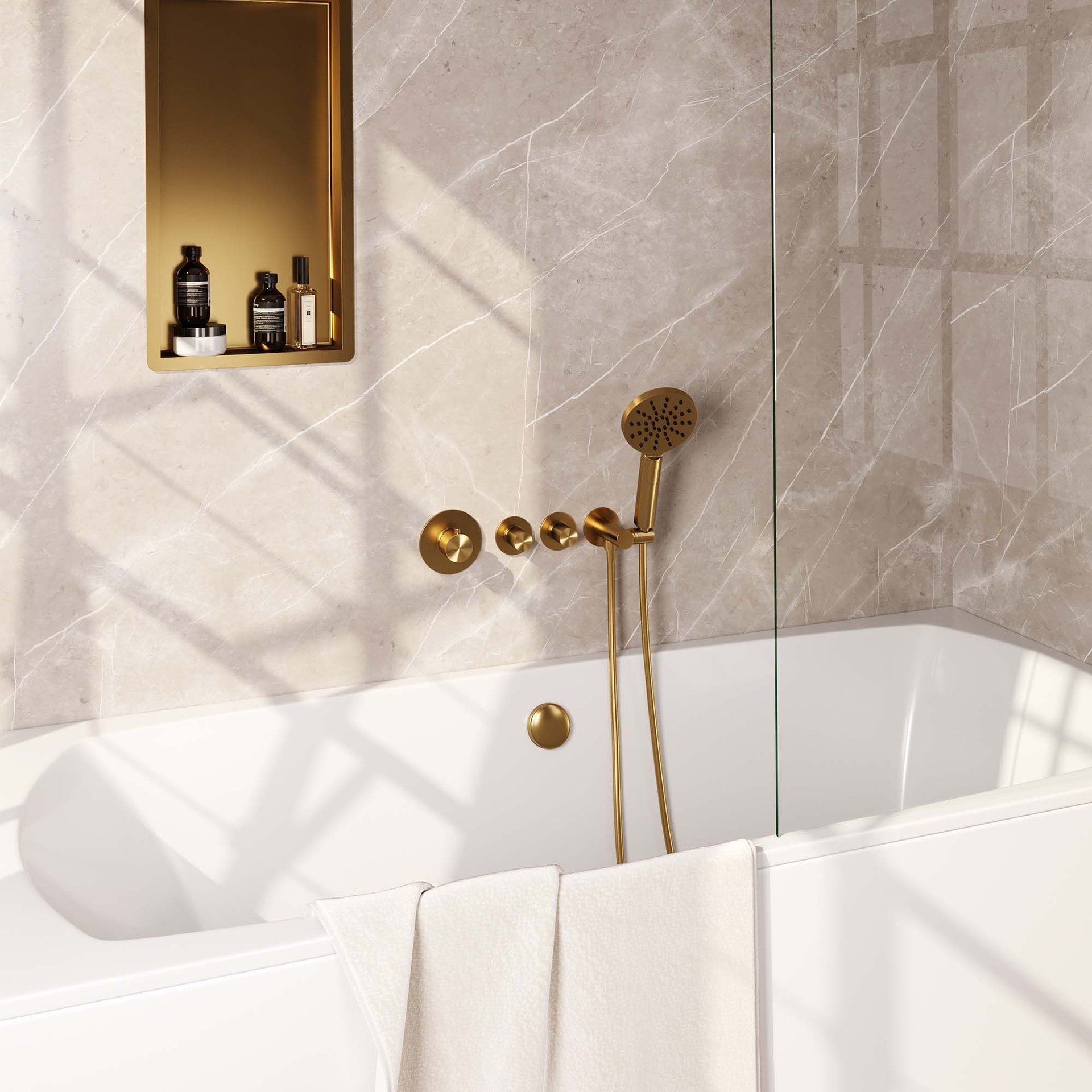 BRAUER Gold Carving thermostatische inbouw badkraan SET 02 met badvulcombinatie en 3-standen handdouche en doucheslang en wandaansluitbocht goud geborsteld PVD