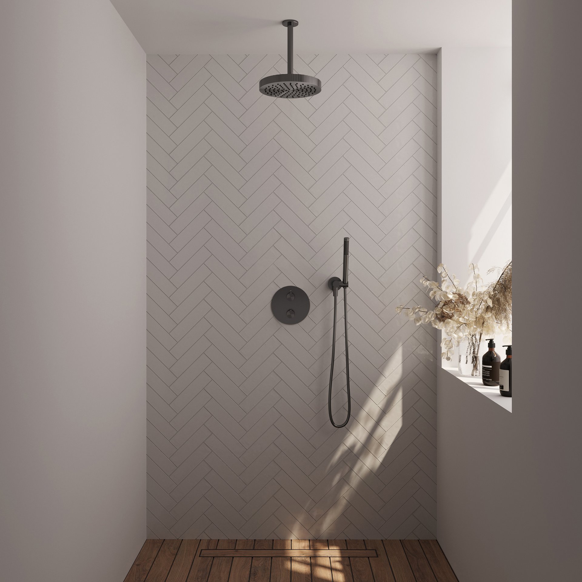 BRAUER Stripe thermostatische inbouw regendouche 3-weg rond SET 39 met 25 cm douchekop en plafondarm en staaf handdouche en doucheslang en wandaansluitbocht gunmetal geborsteld PVD