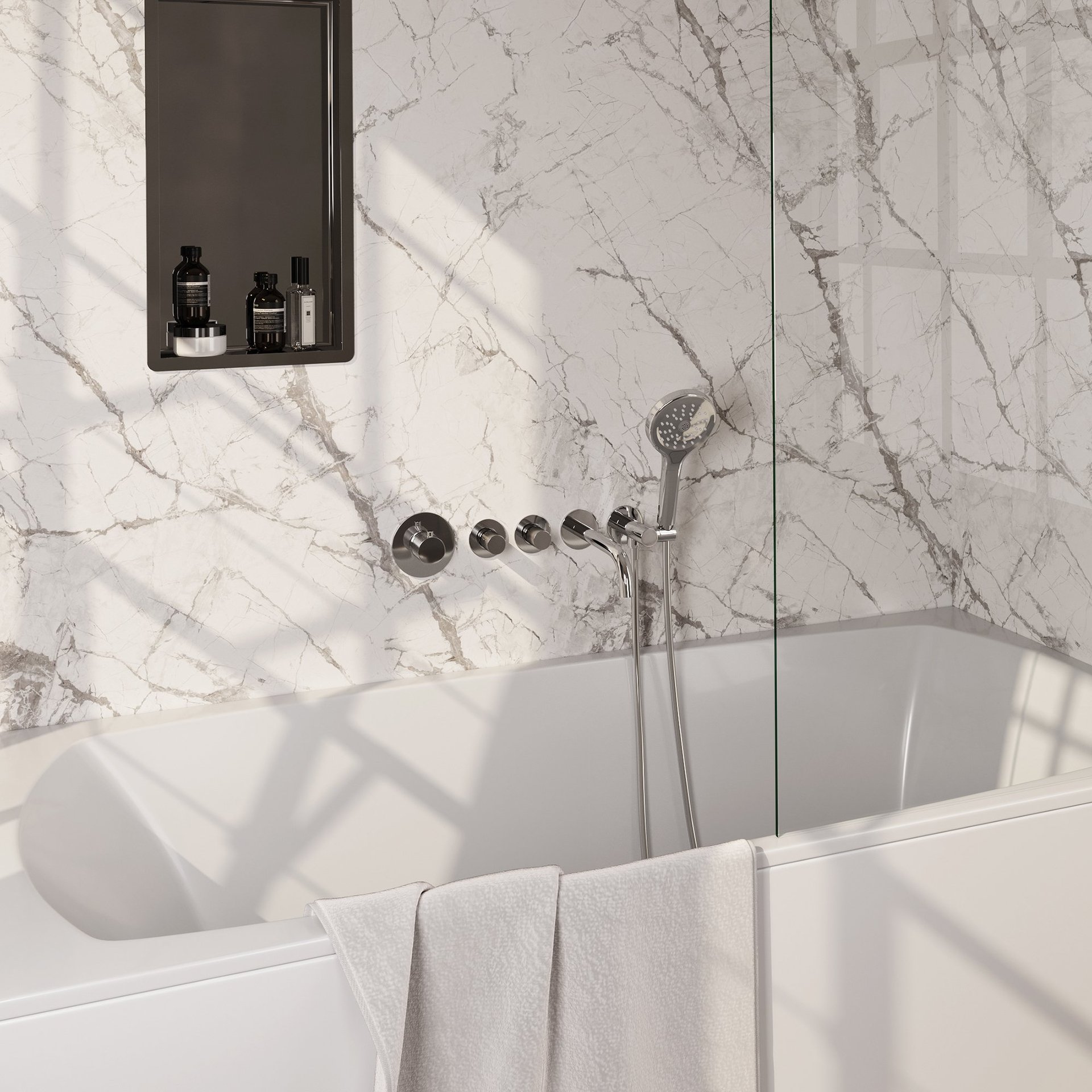 BRAUER Chrome Carving thermostatische inbouw badkraan SET 02 met uitloop en 3-standen handdouche en doucheslang en wandaansluitbocht chroom