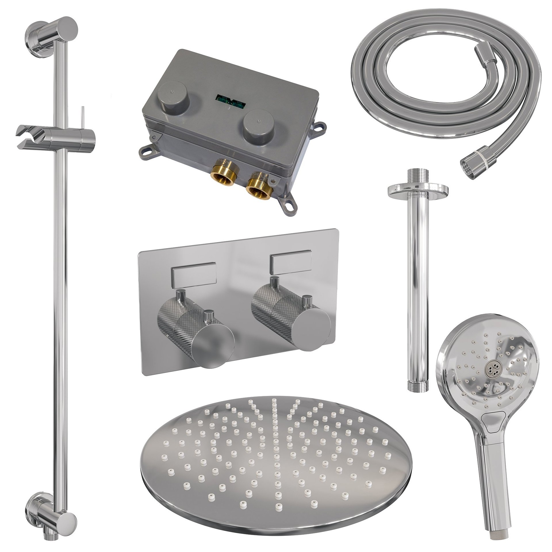 BRAUER Chrome Carving thermostatische inbouw regendouche met drukknoppen SET 72 met 30 cm douchekop en plafondarm en 3-standen handdouche en doucheslang en geïntegreerde glijstang chroom