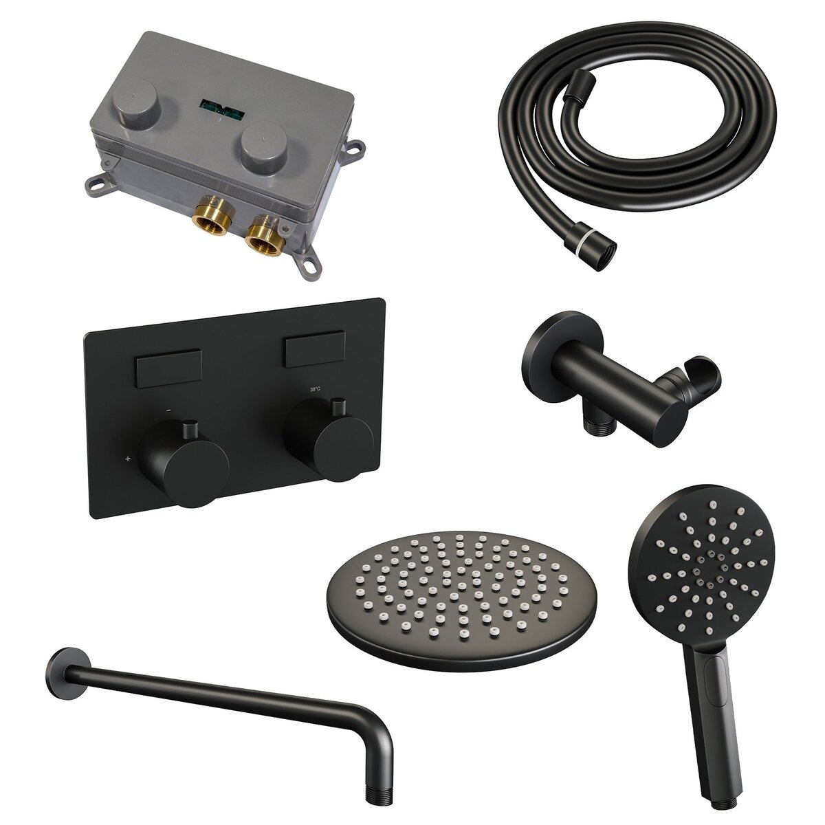 BRAUER Black Edition thermostatische inbouw regendouche met drukknoppen SET 57 met 20 cm douchekop en gebogen muurarm en 3-standen handdouche en doucheslang en wandaansluitbocht mat zwart