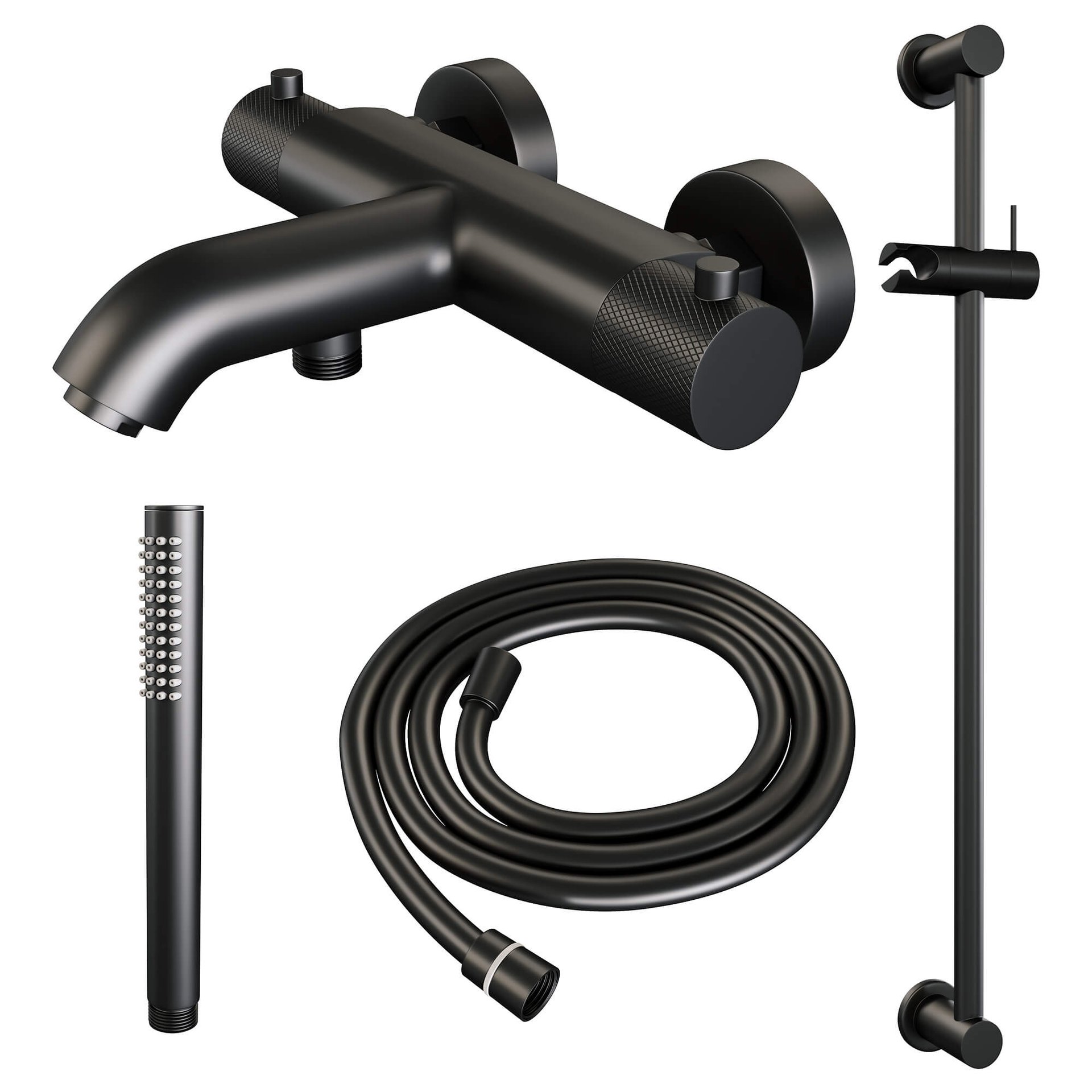 BRAUER Black Carving opbouw baddouche thermostaatkraan SET 01 met glijstang en staaf handdouche en doucheslang mat zwart